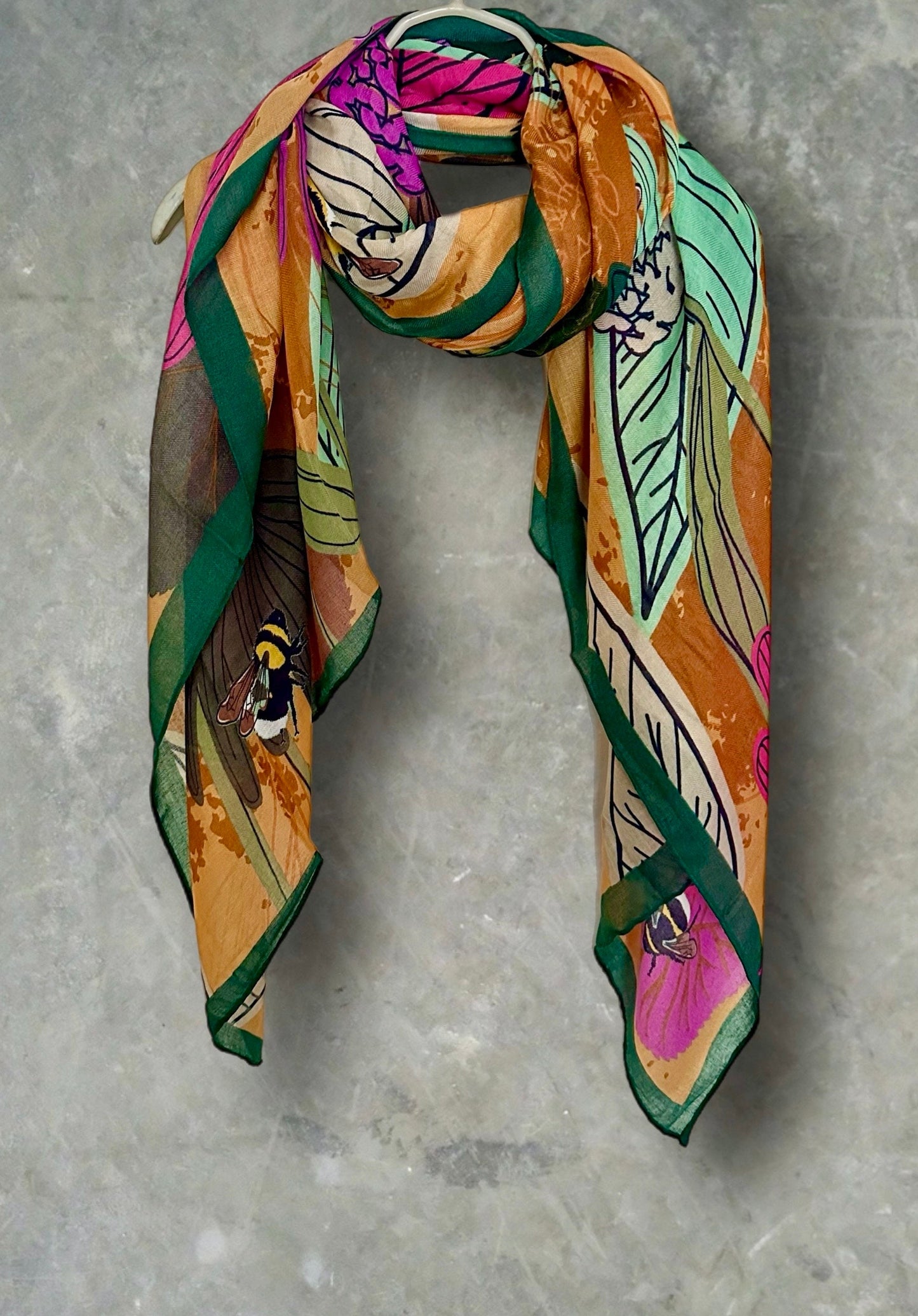 Tropical Floral Design Organic Cotton Scarf with Green Trim. Great for Any Season,Ideal Gifts for Her,Mom,Birthdays and Christmas