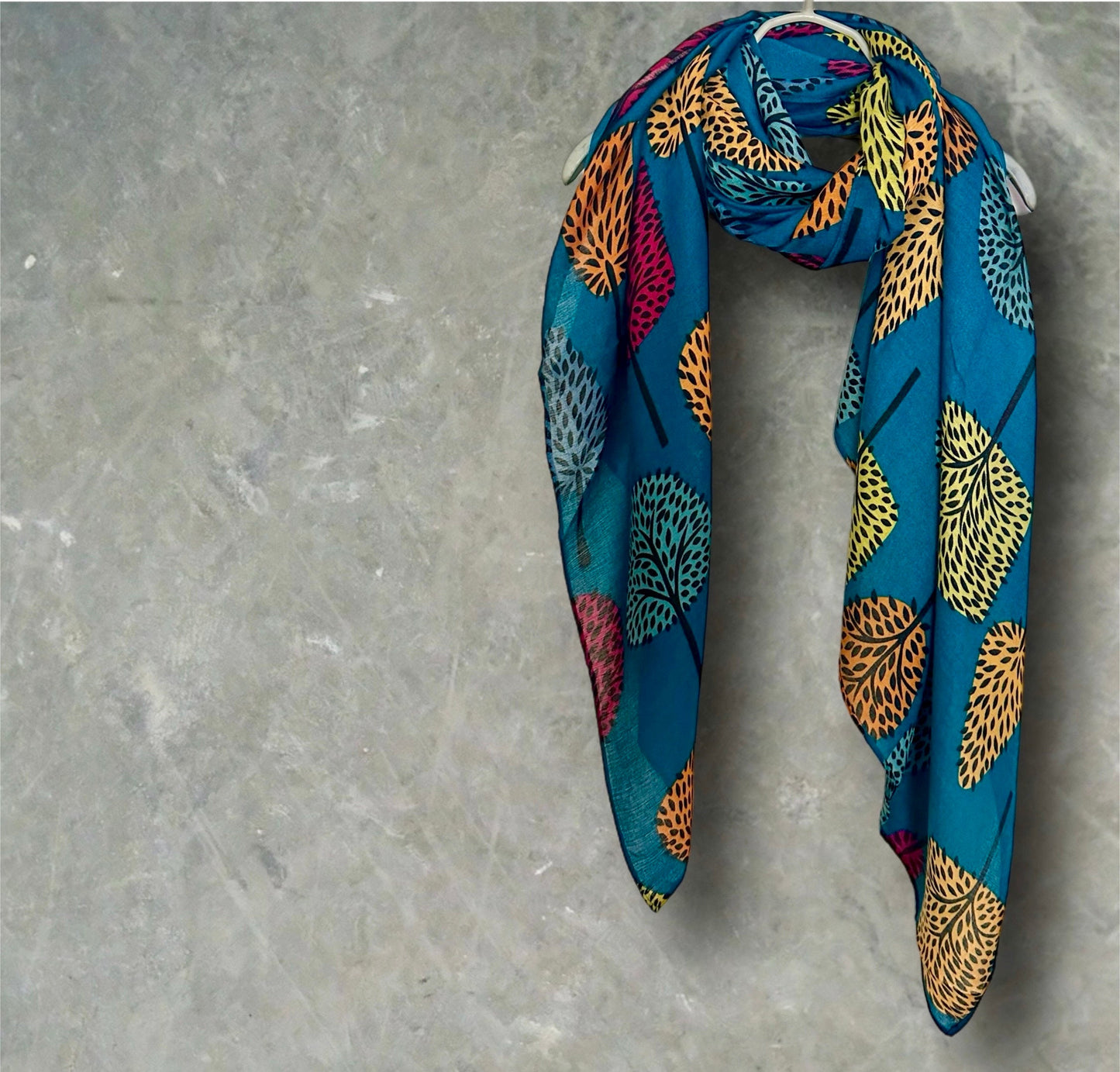 Teal Blue Stylized Botanical Print Featuring Various Tree Organic Cotton Scarf For Women,for All Season,Ideal Gifts for Her Birthday