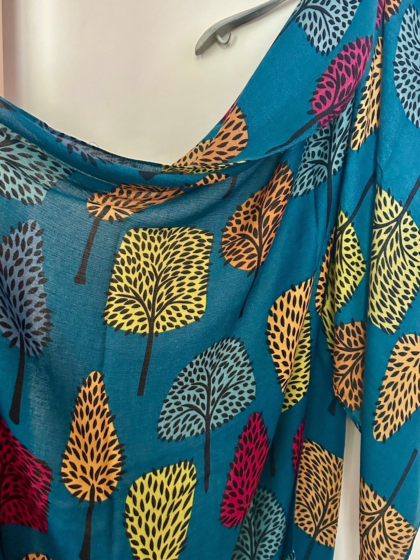 Teal Blue Stylized Botanical Print Featuring Various Tree Organic Cotton Scarf For Women,for All Season,Ideal Gifts for Her Birthday
