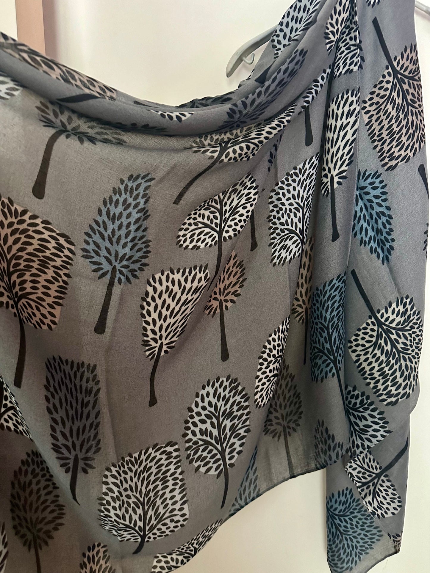 Stylish Grey Botanical Print Featuring various Tree Cotton Scarf for Women.For All Season,Ideal Gifts for Her,Mom,Birthdays and Christmas