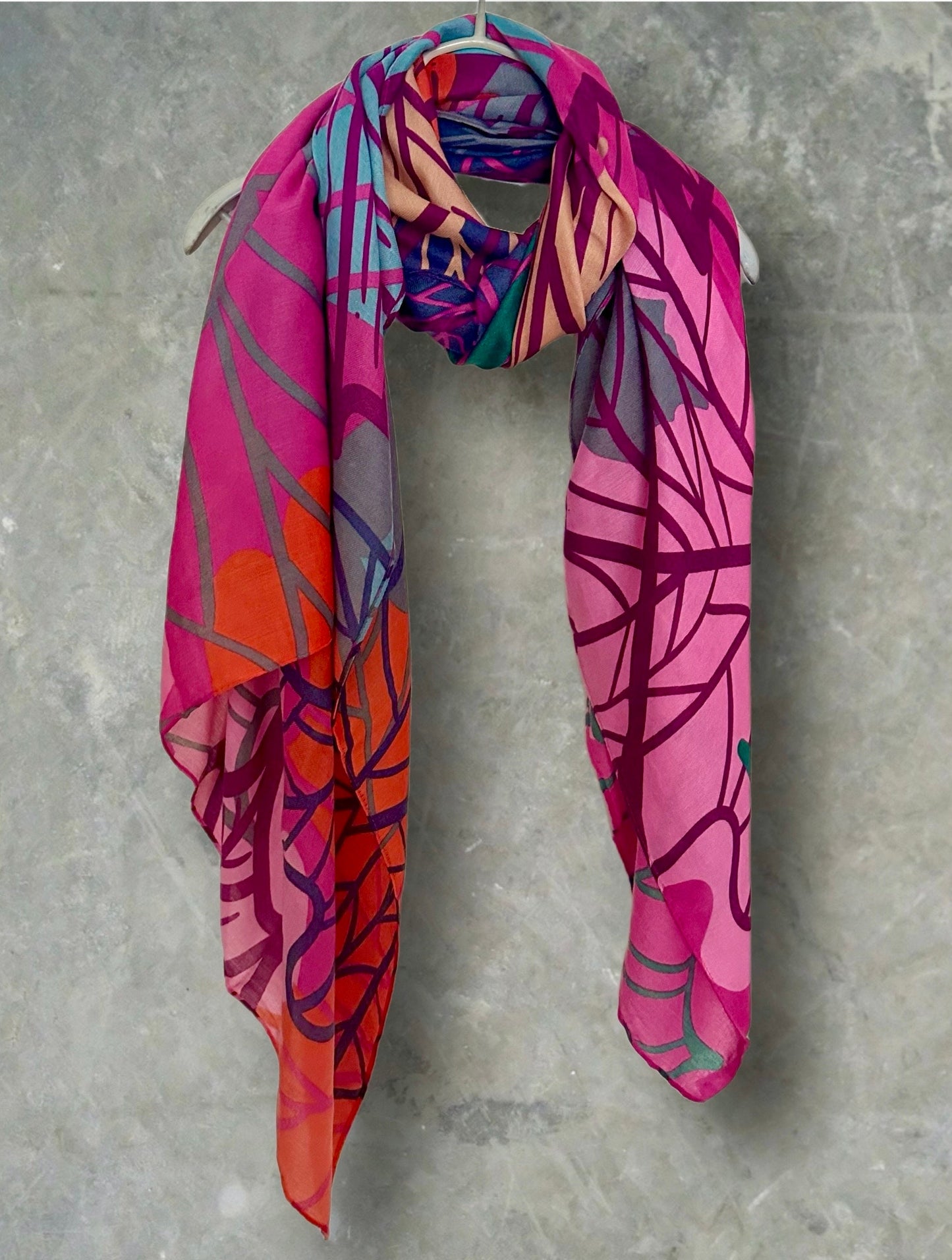 Vibrant Pink Cotton Scarf with Large Autumn Leaf Print.Perfect for Women All Year Round,Ideal Gifts for Her, Mom,Birthdays and Christmas.