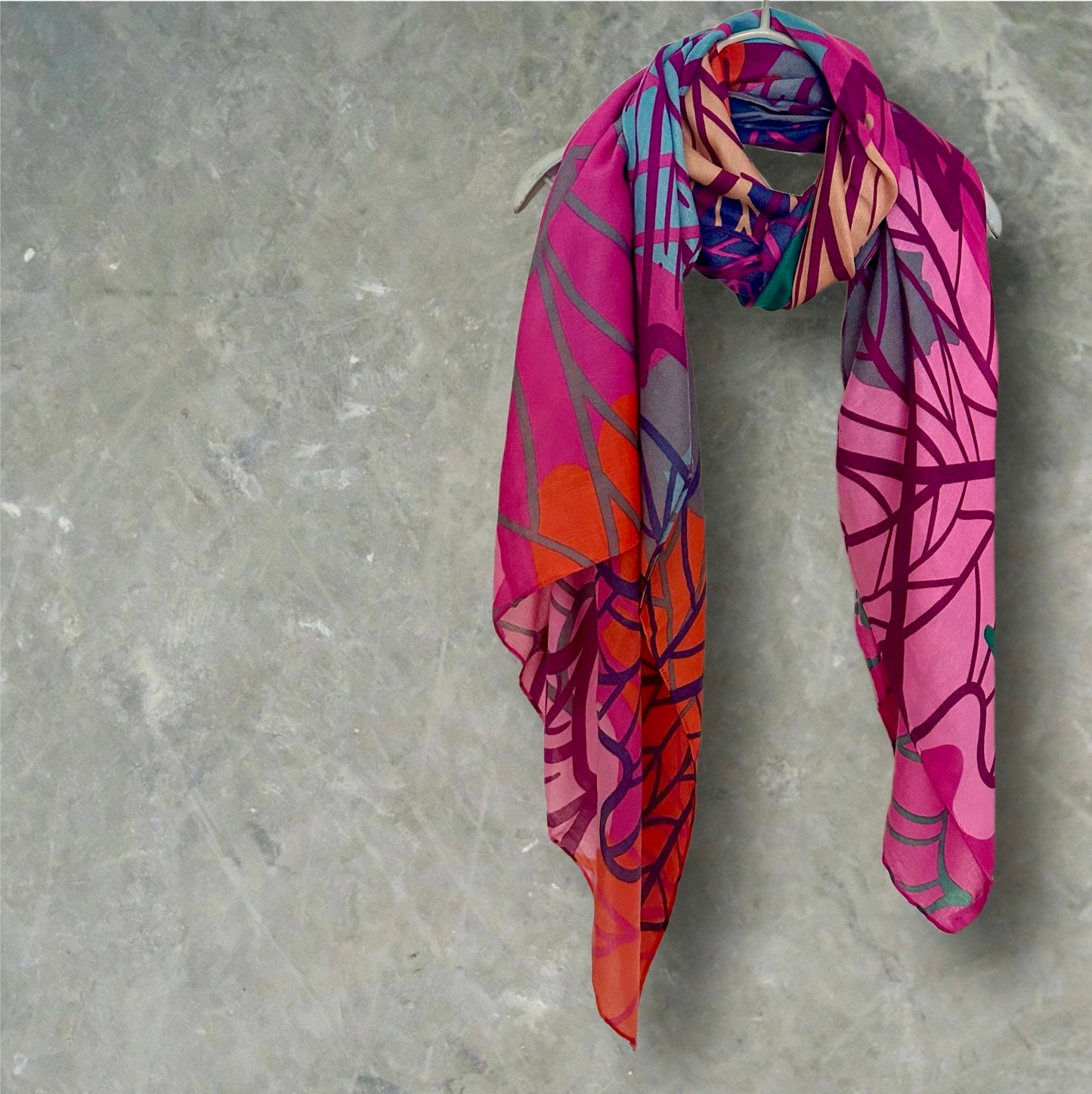 Vibrant Pink Cotton Scarf with Large Autumn Leaf Print.Perfect for Women All Year Round,Ideal Gifts for Her, Mom,Birthdays and Christmas.