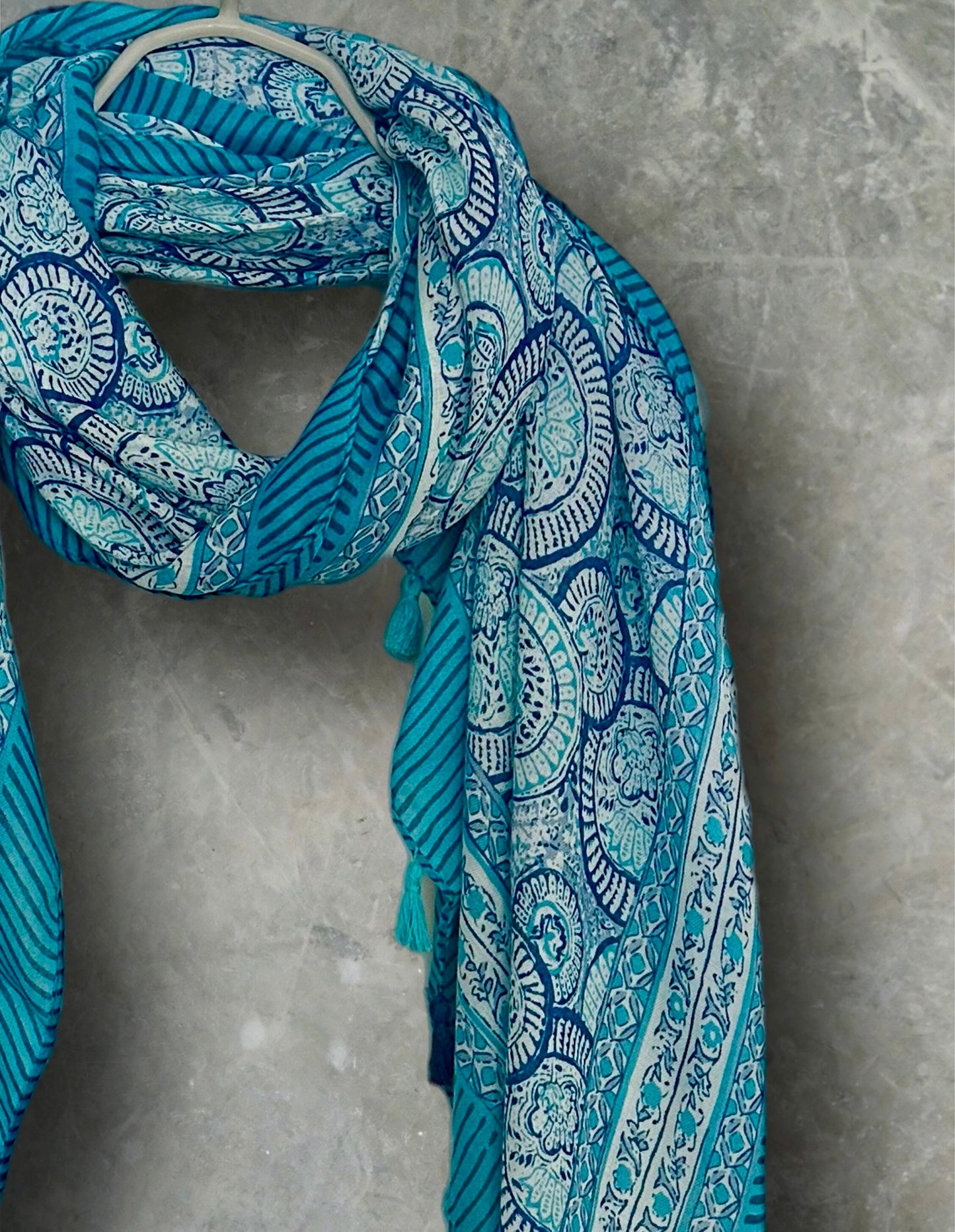 Blue Circular Ornamental Pattern with Tassels Cotton Scarf for Women,Perfect for All Seasons,Ideal Gifts for Her,Mom,Birthdays and Christmas