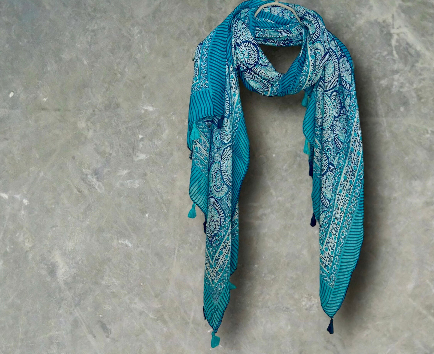 Blue Circular Ornamental Pattern with Tassels Cotton Scarf for Women,Perfect for All Seasons,Ideal Gifts for Her,Mom,Birthdays and Christmas