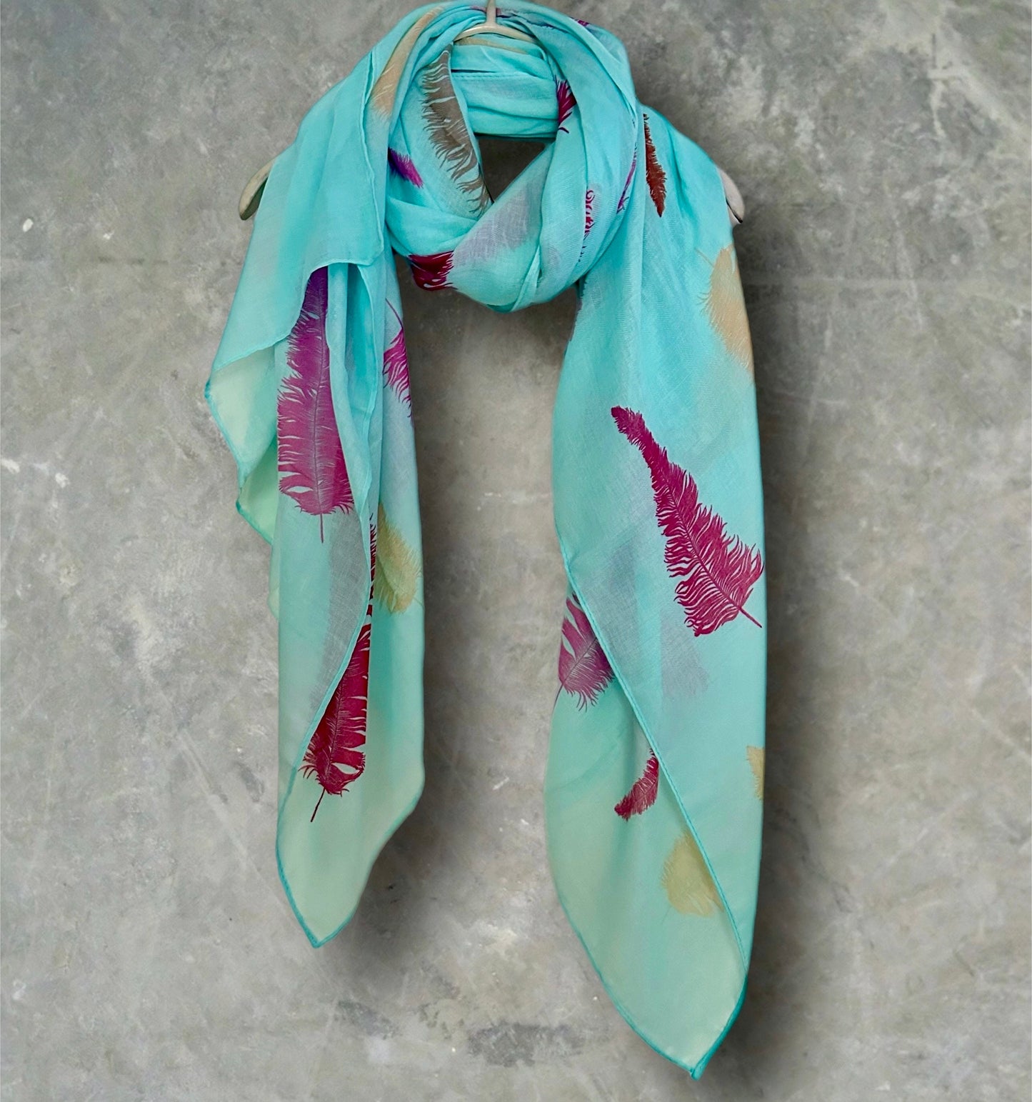 Exquisite Light Blue Cotton Scarf with Feathers Print,A Thoughtful Gift for Her,Wife,Mother,Birthdays,Christmas and Any Occasions