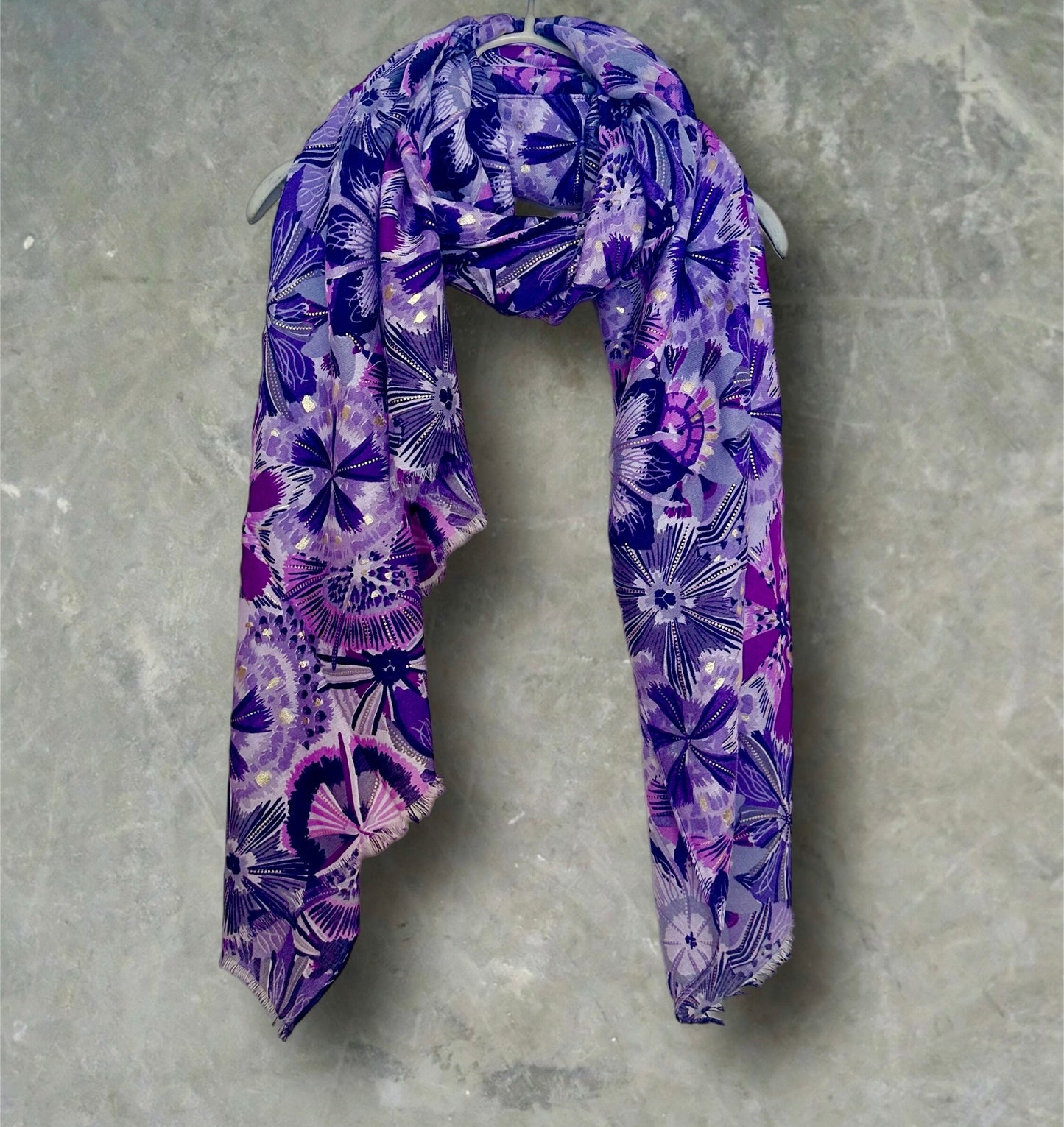 Bohemian-Inspired Purple Scarf Featuring Foliage Motif Print with Gold Accents,Ideal Gifts for Her Birthday,for All Seasons and Any Occasion