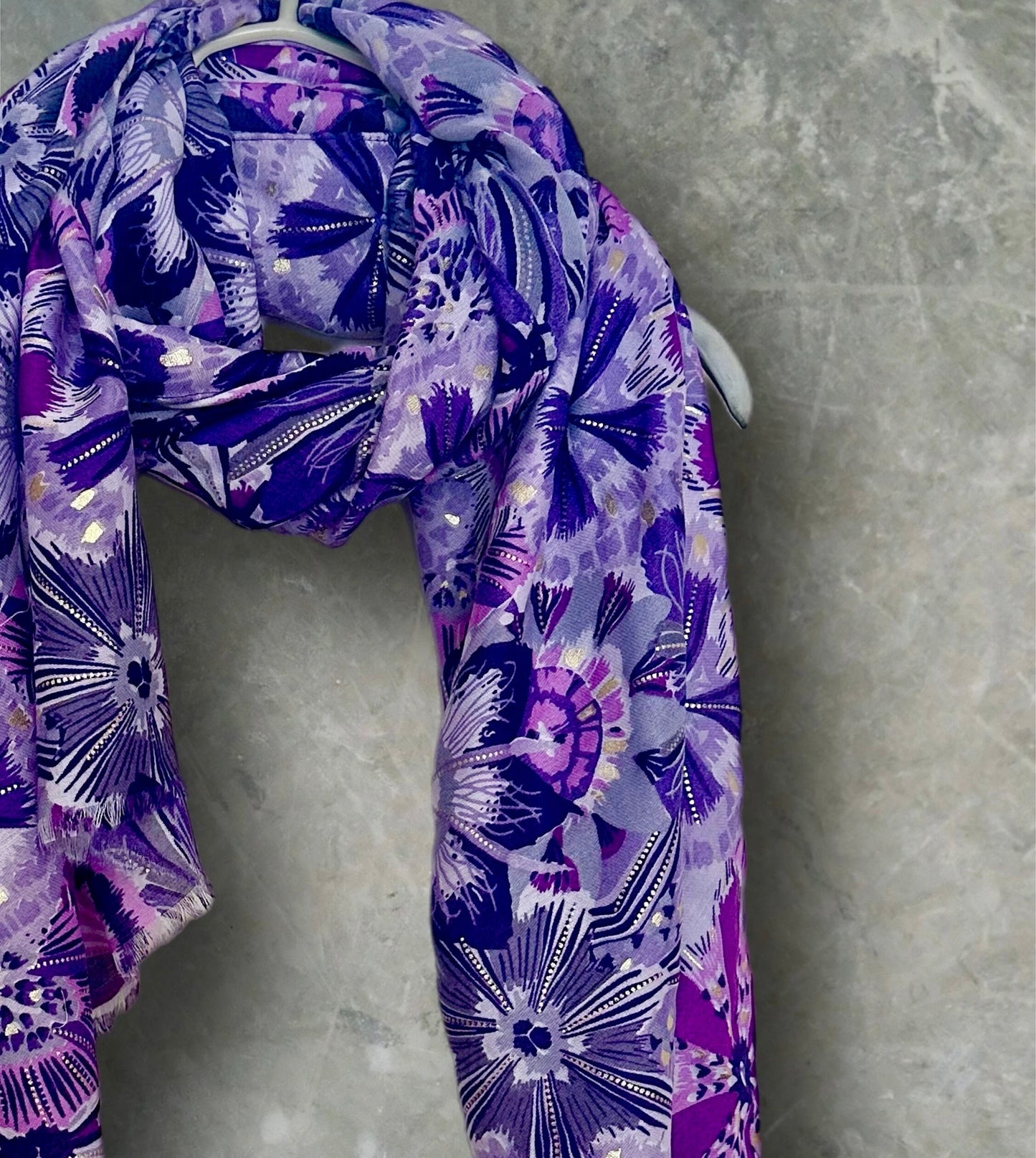 Bohemian-Inspired Purple Scarf Featuring Foliage Motif Print with Gold Accents,Ideal Gifts for Her Birthday,for All Seasons and Any Occasion