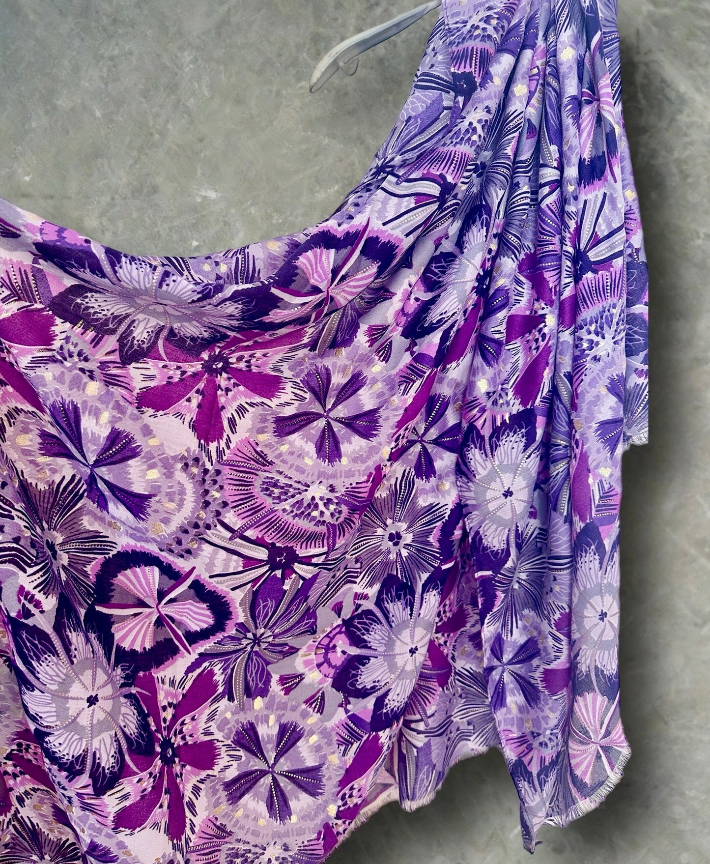 Bohemian-Inspired Purple Scarf Featuring Foliage Motif Print with Gold Accents,Ideal Gifts for Her Birthday,for All Seasons and Any Occasion