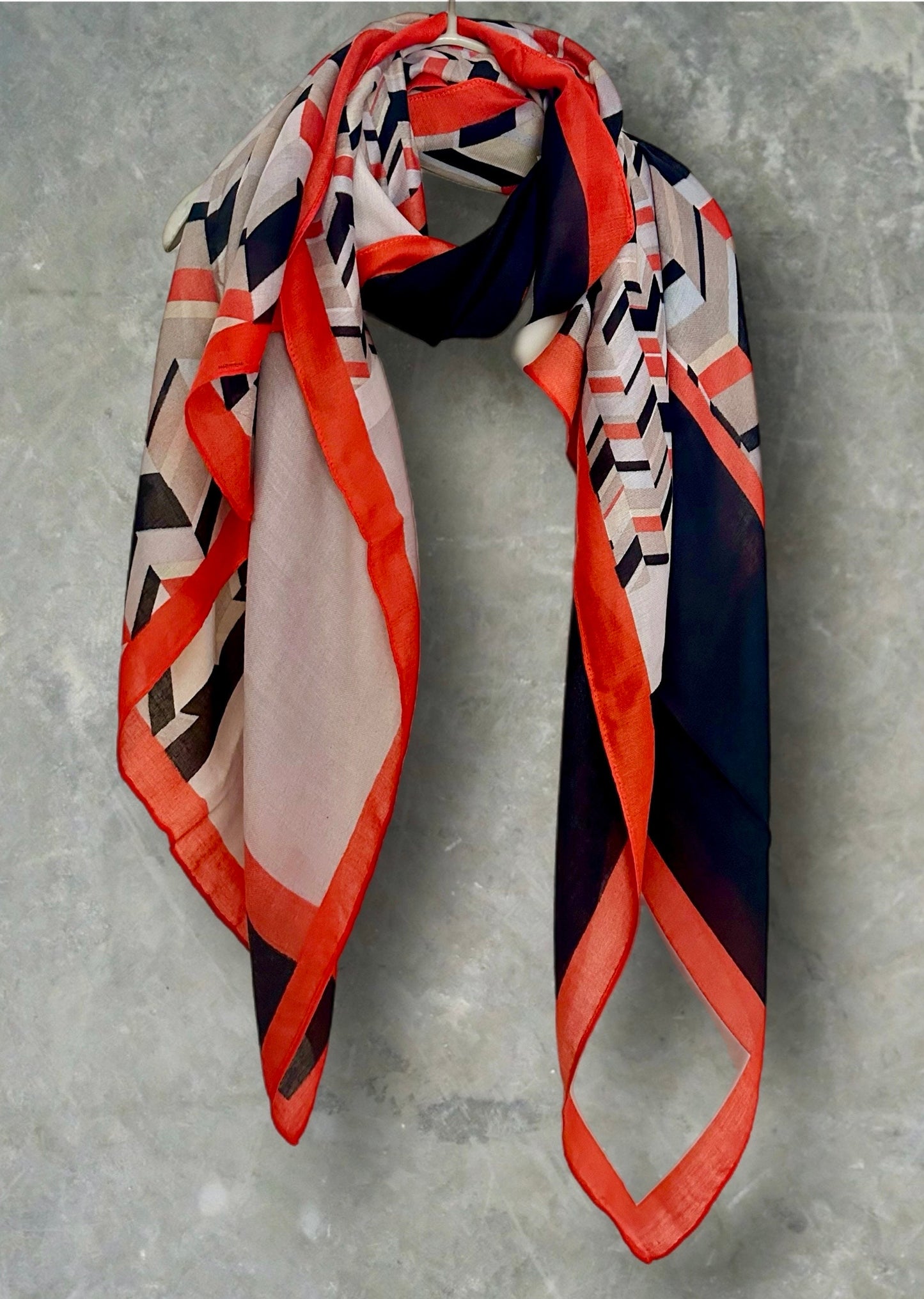 Geometric with Red Trim Grey Scarf for Women,Versatile for All Seasons,Ideal Gifts for her,Girlfriend,Wife,Mom and Birthdays