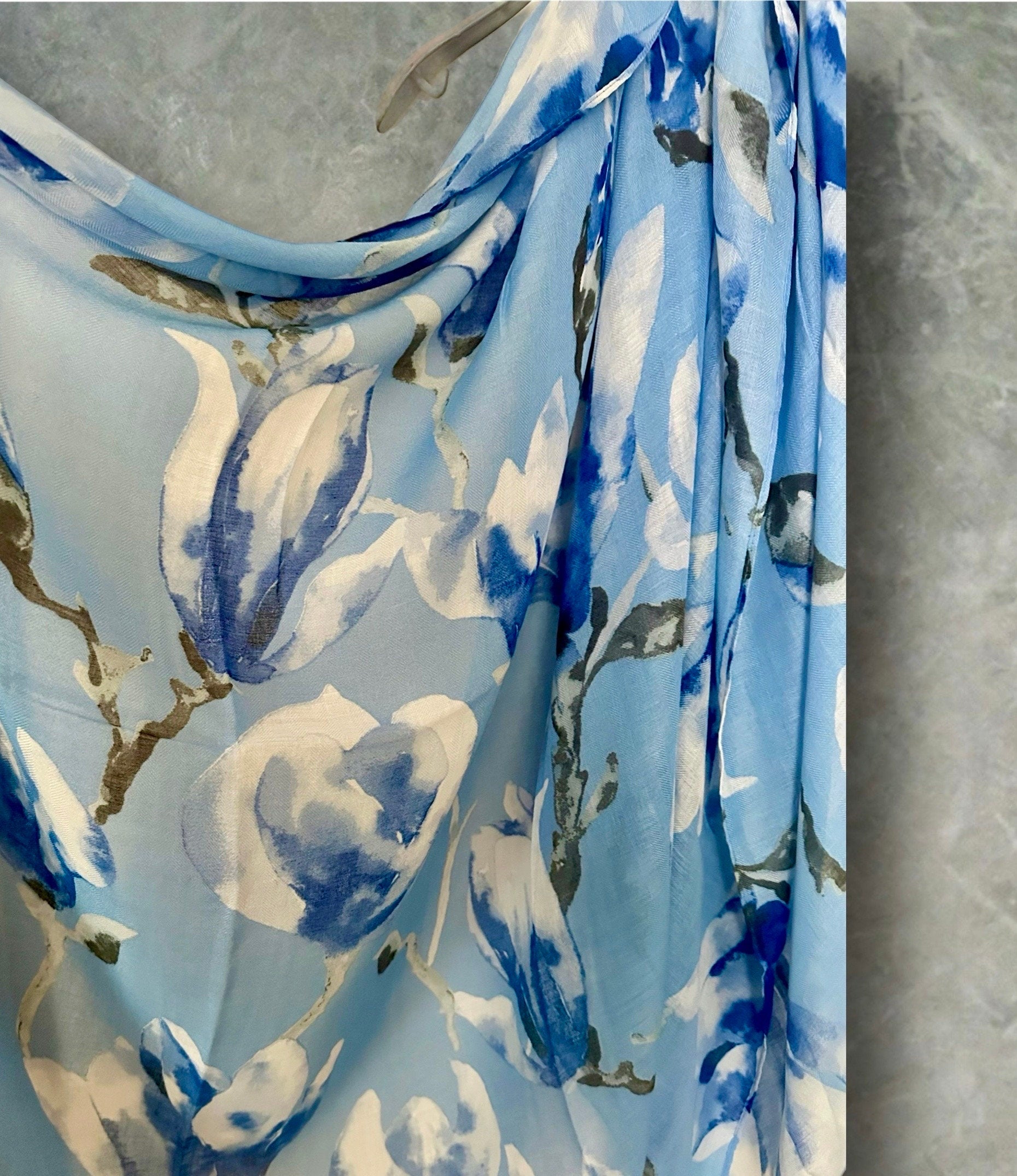 Blue Watercolor Magnolia Flowers Cotton Blend Scarf