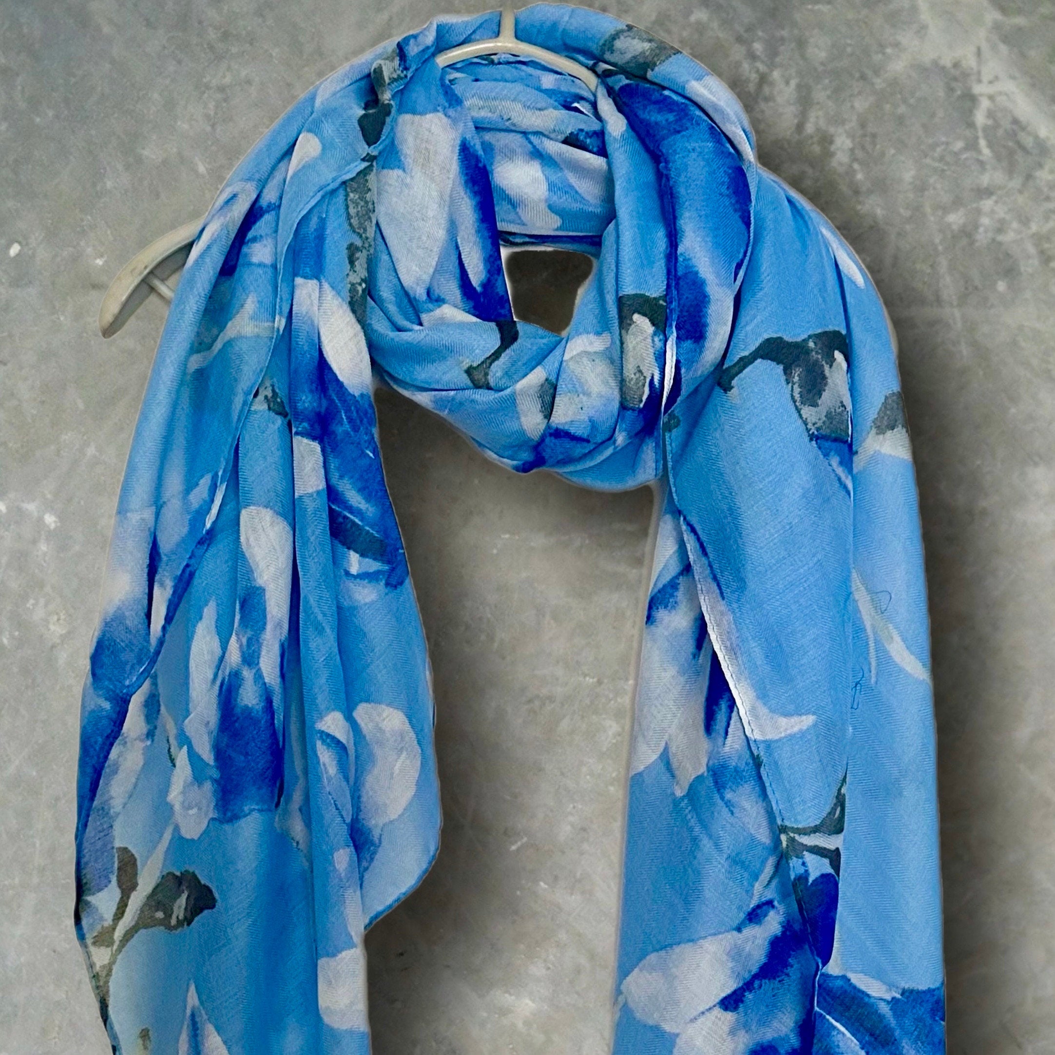 Blue Watercolor Magnolia Flowers Cotton Blend Scarf