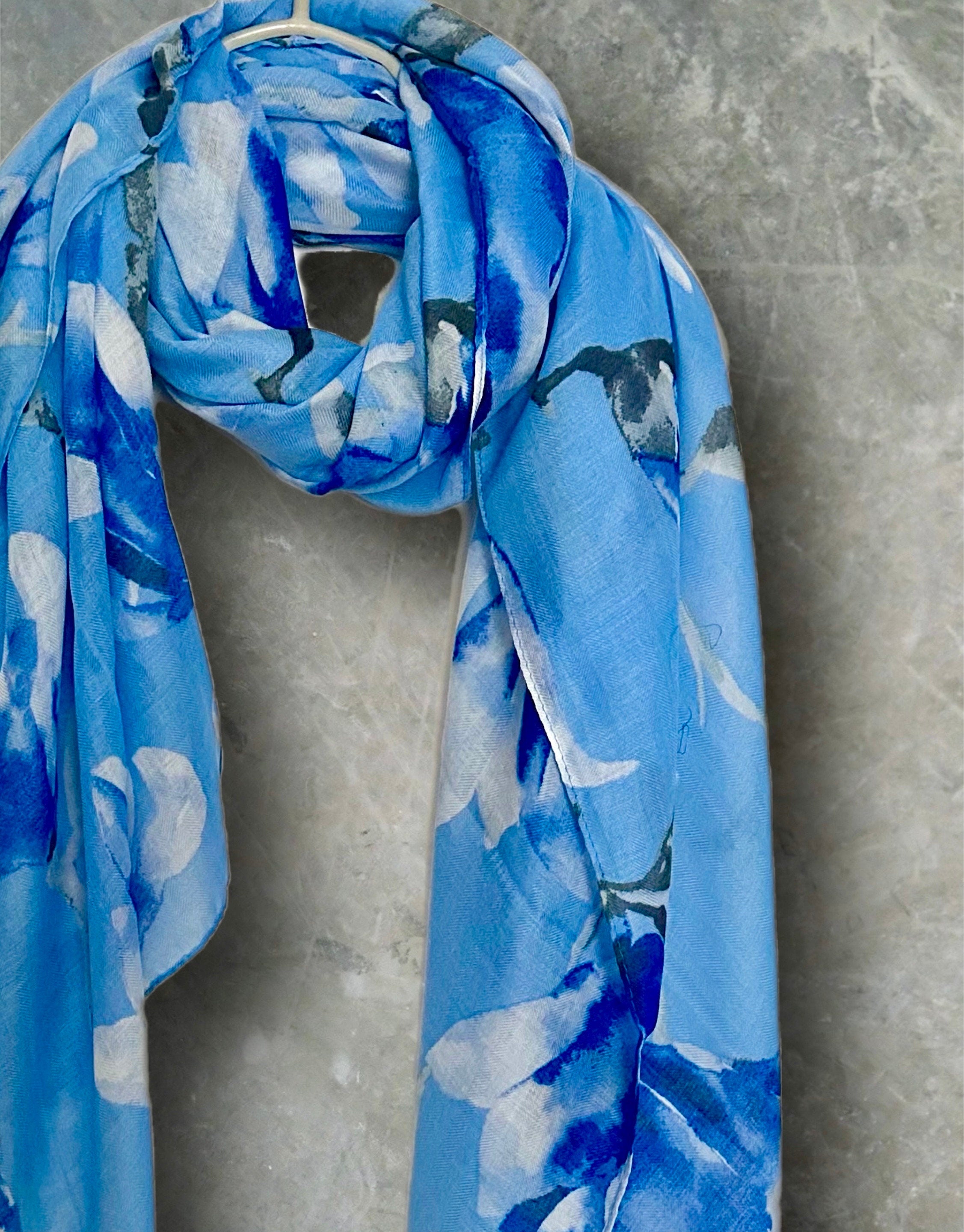 Blue Watercolor Magnolia Flowers Cotton Blend Scarf