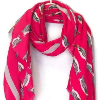 Bright Pink Cotton Scarf with Penguins and Grey Trim