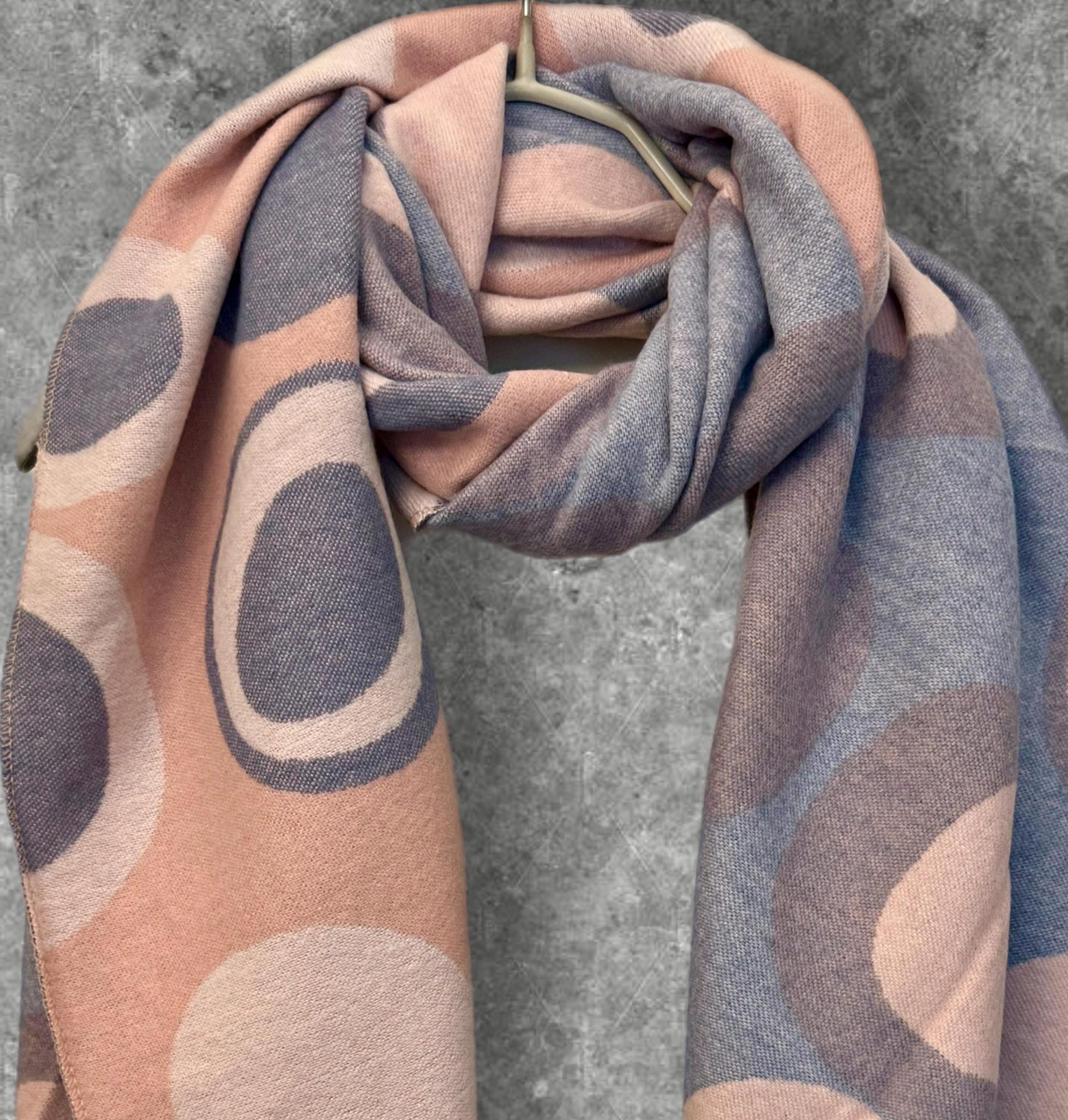 Reversible Pink and Grey Cashmere Scarf with Circle Pattern