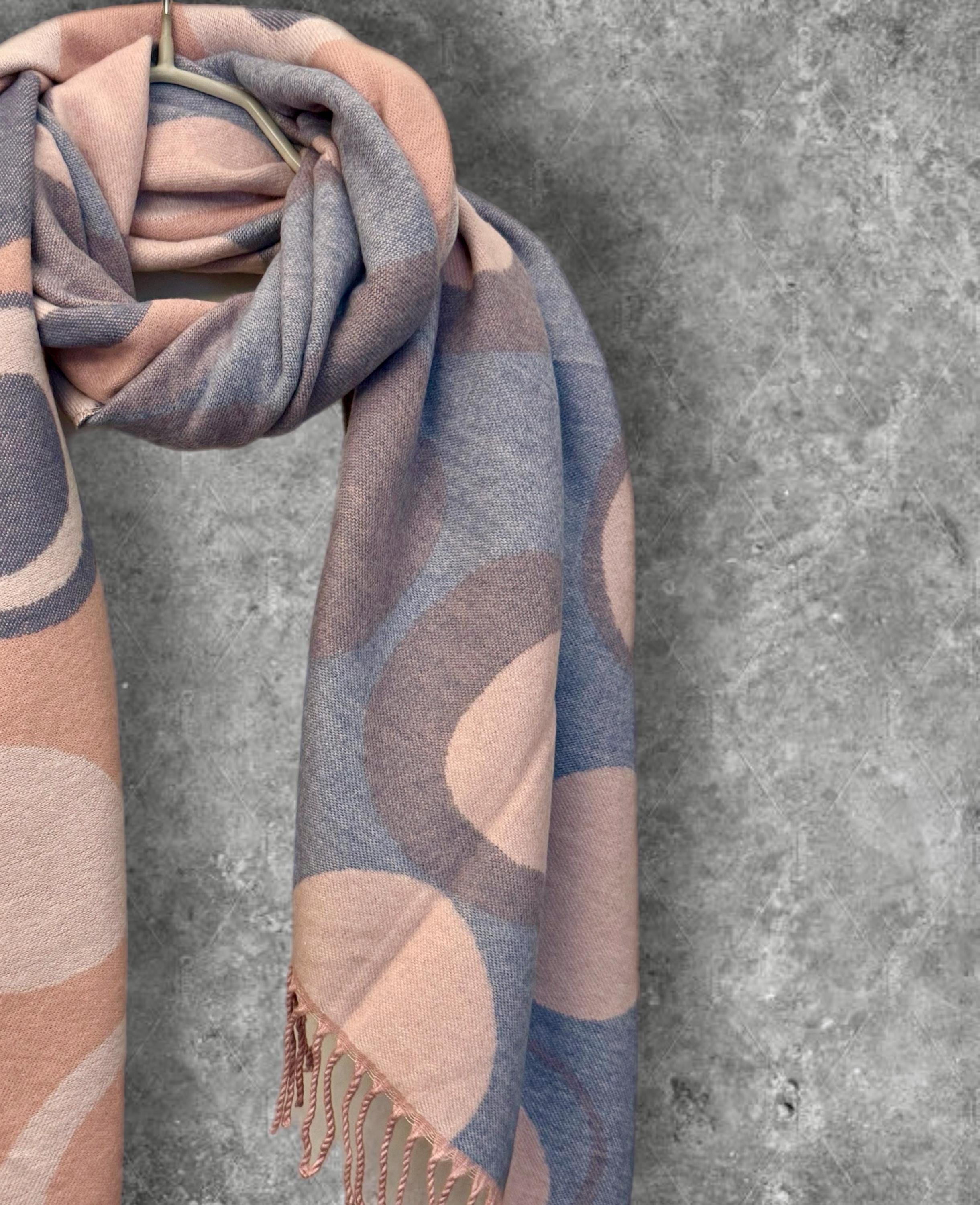 Reversible Pink and Grey Cashmere Scarf with Circle Pattern