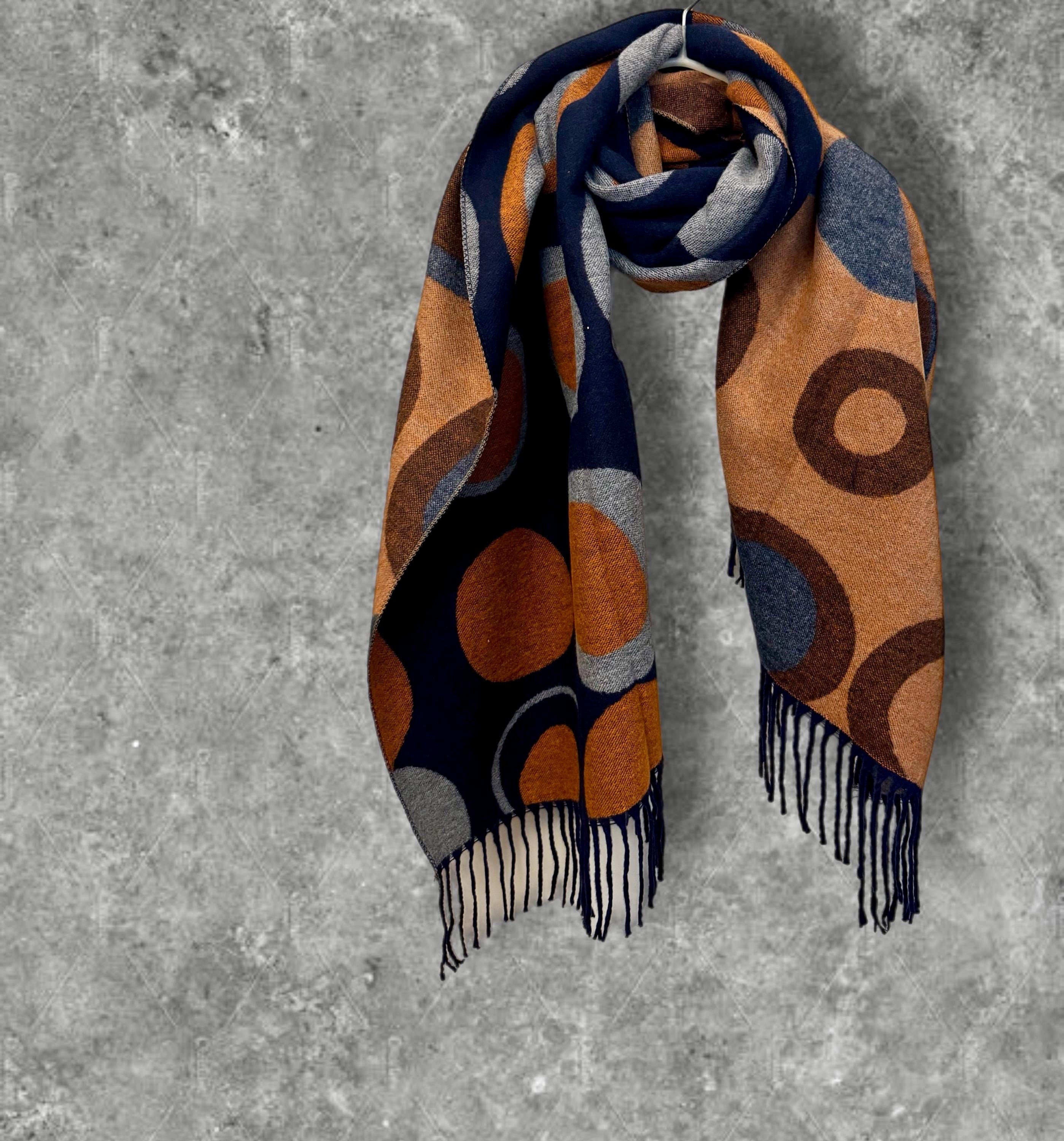 Elegant Blue and Brown Cashmere Blend Scarf with Circles