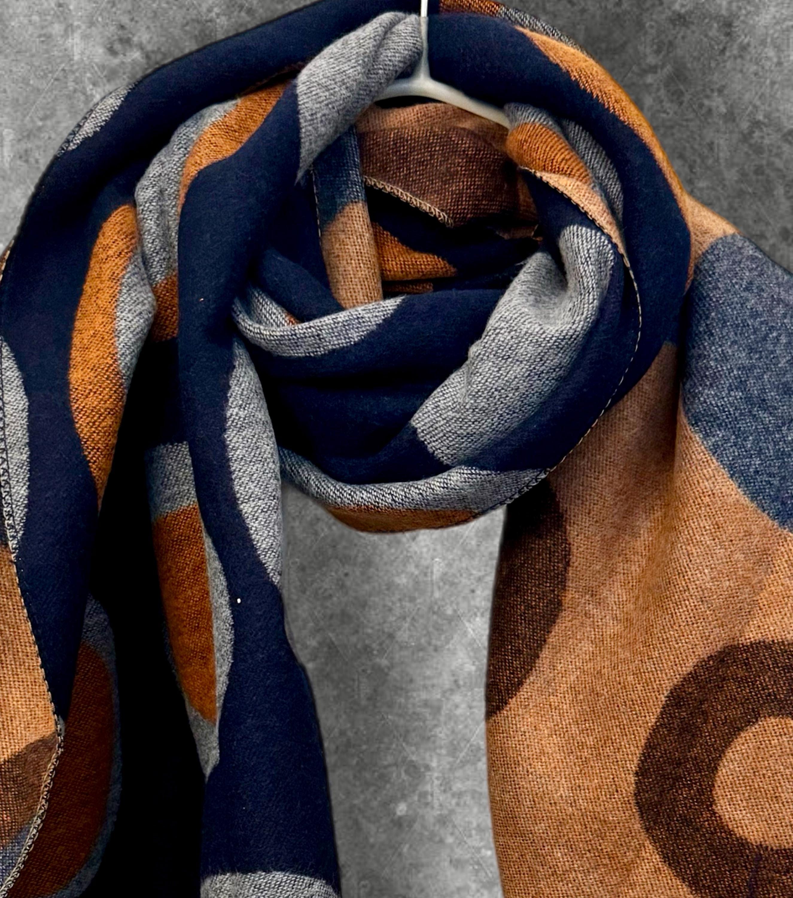 Elegant Blue and Brown Cashmere Blend Scarf with Circles