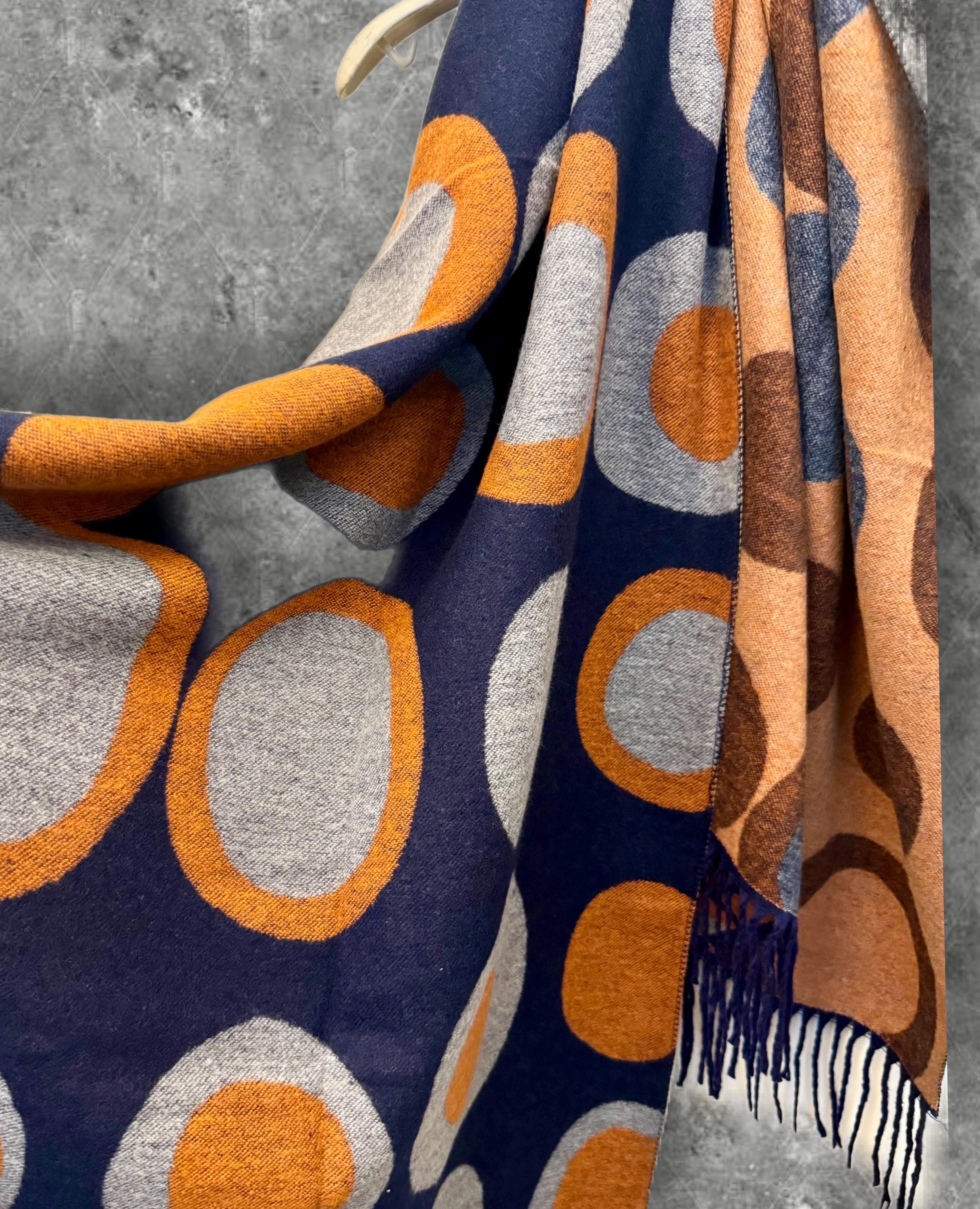 Elegant Blue and Brown Cashmere Blend Scarf with Circles