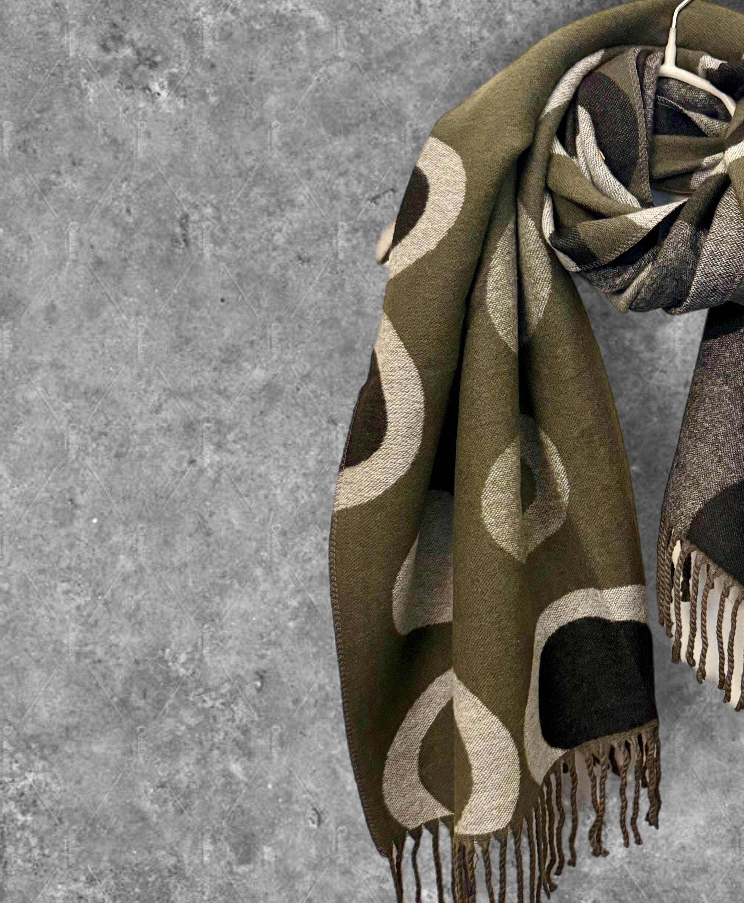 Double-Sided Olive Green and Grey Cashmere Blend Scarf with Circle Print