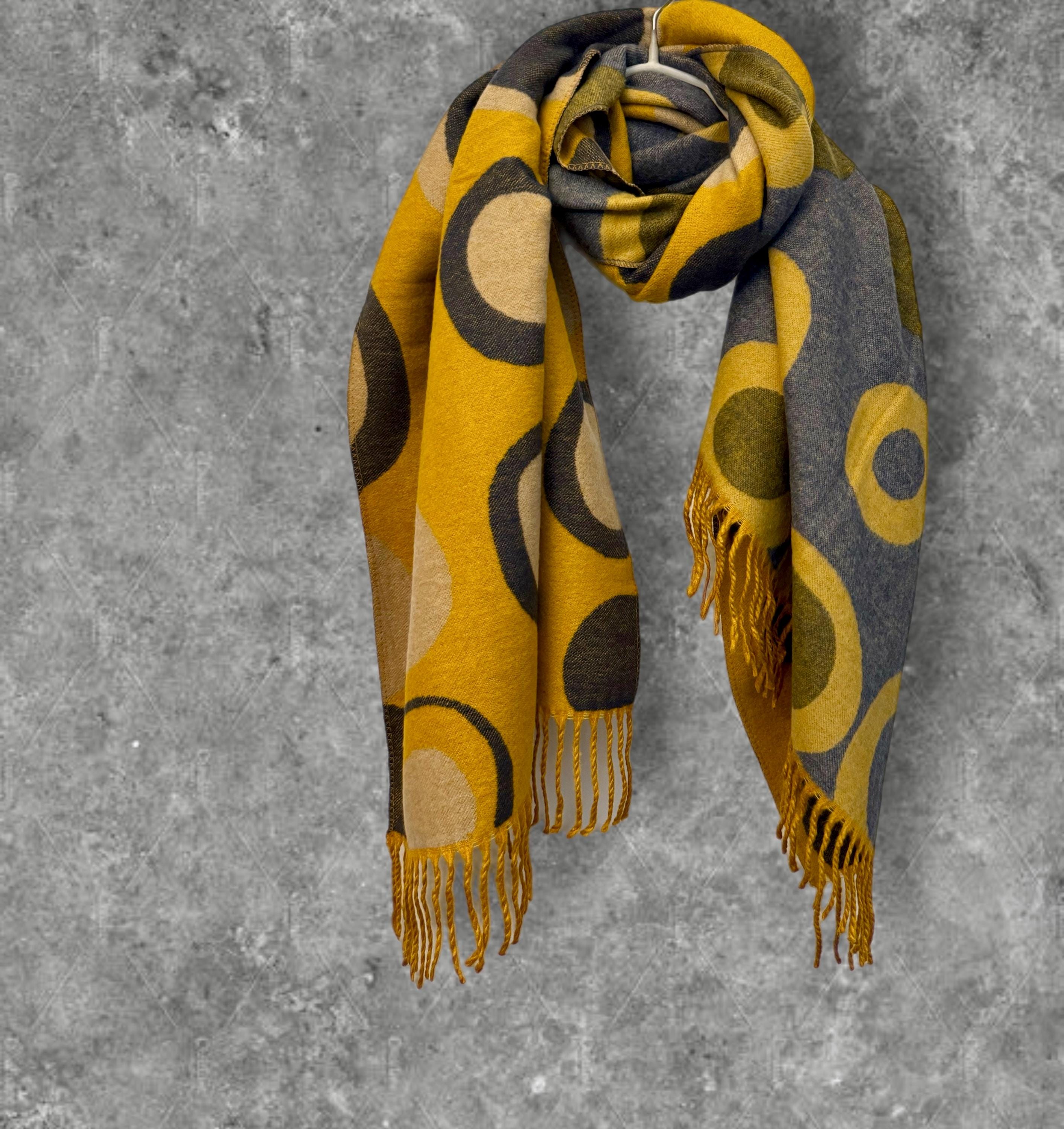 Luxurious Mustard Yellow/Grey Cashmere Blend Scarf with Circle Design