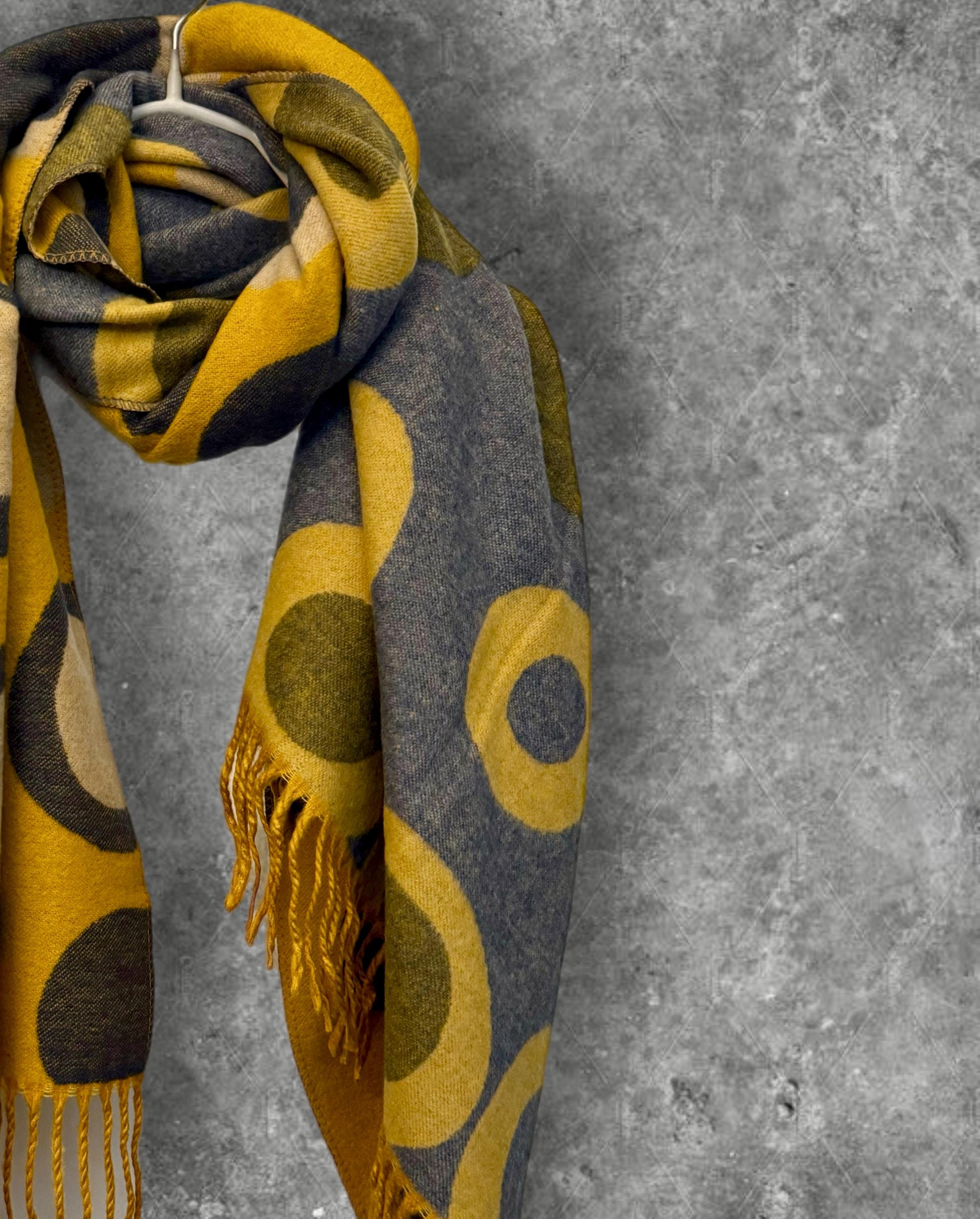 Luxurious Mustard Yellow/Grey Cashmere Blend Scarf with Circle Design