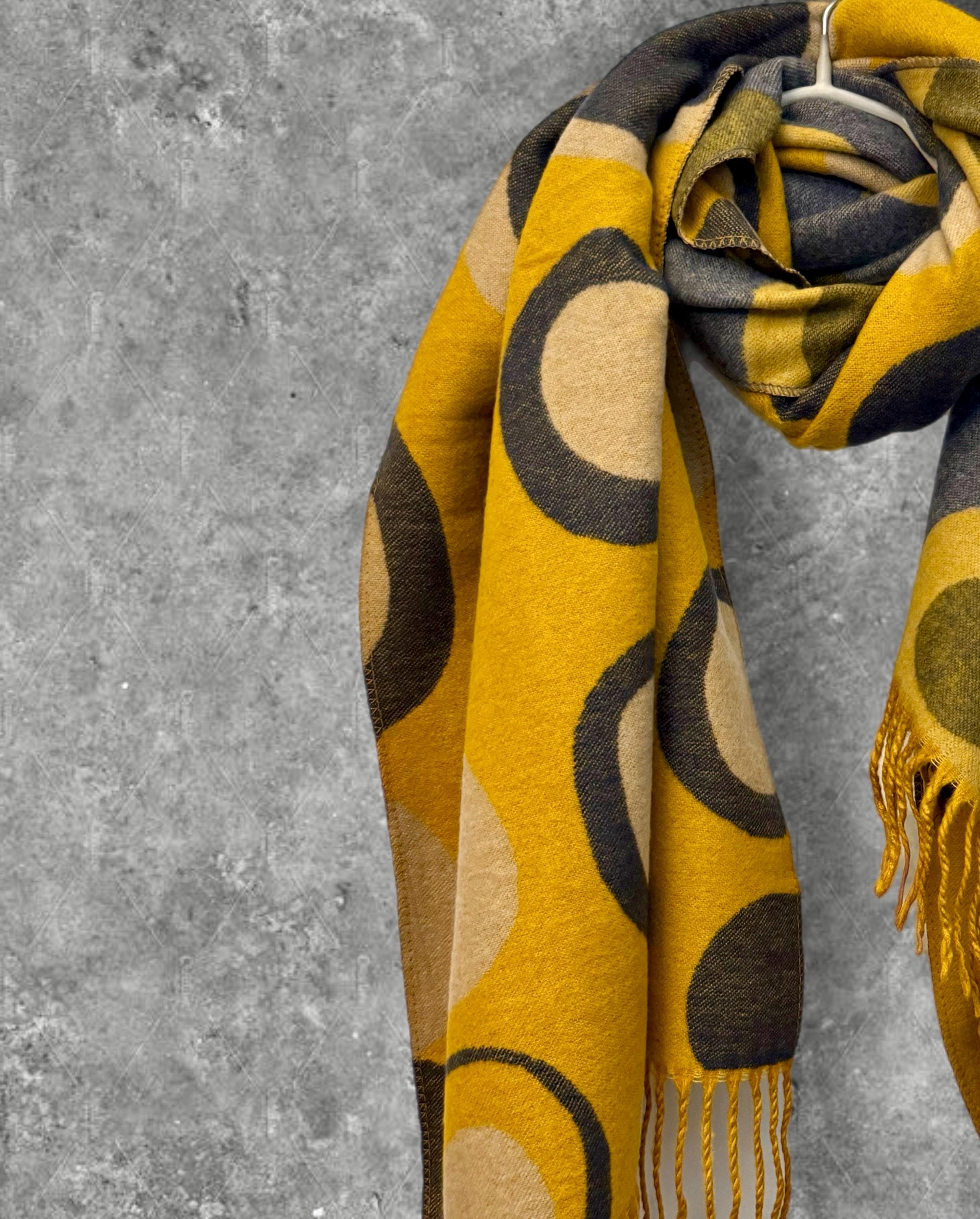 Luxurious Mustard Yellow/Grey Cashmere Blend Scarf with Circle Design