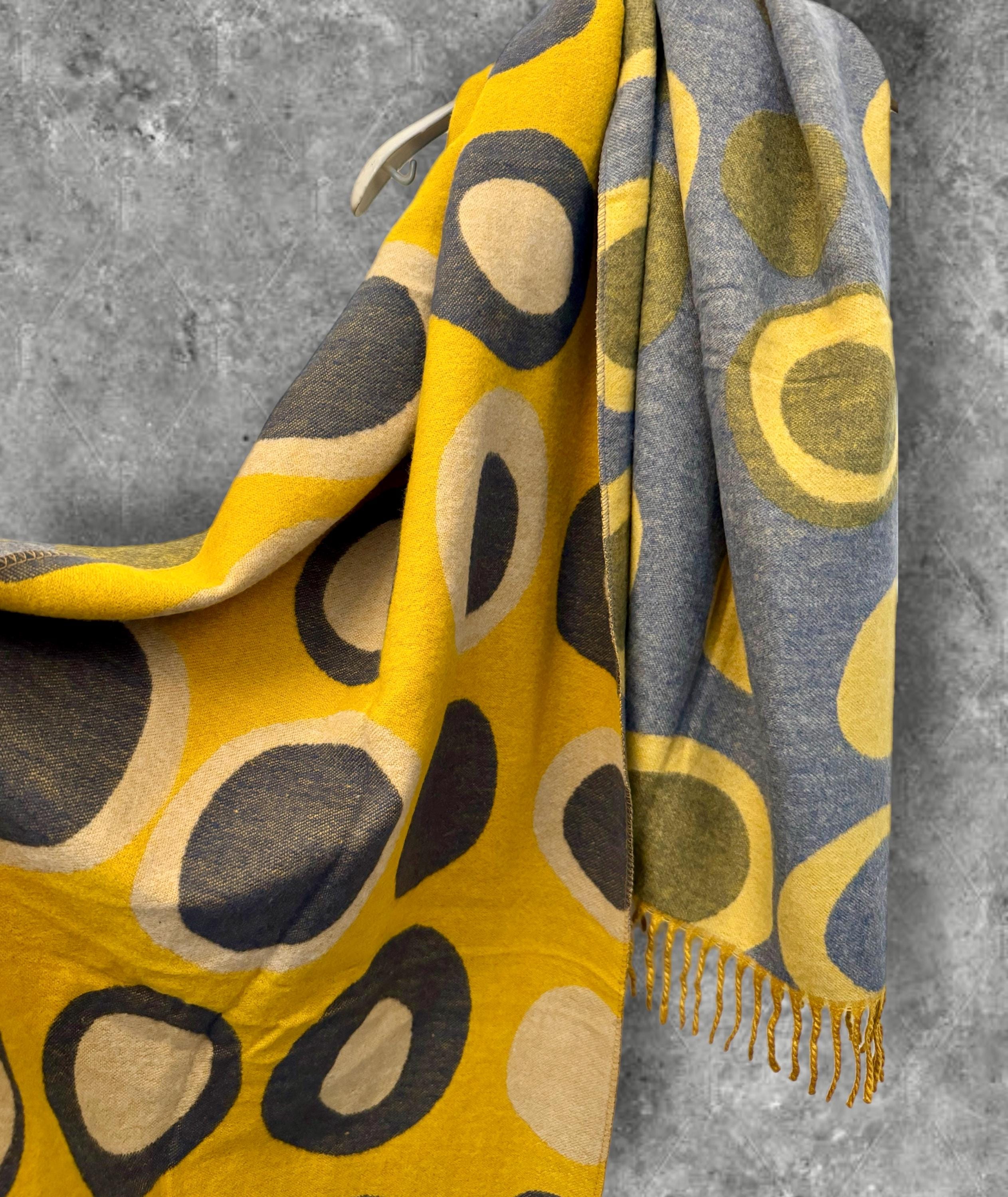 Luxurious Mustard Yellow/Grey Cashmere Blend Scarf with Circle Design