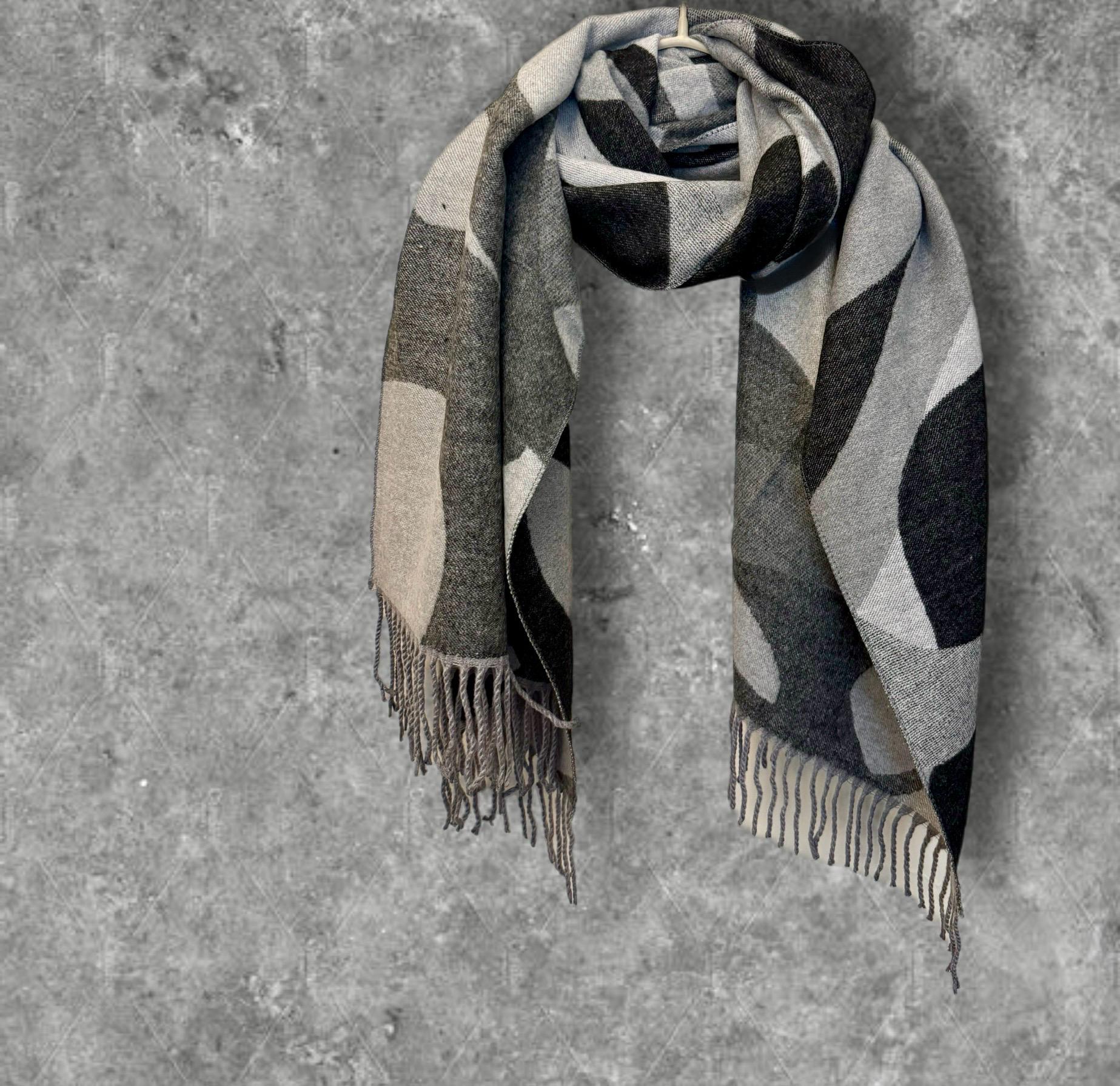 Reversible Grey Geometric Cashmere Blend Scarf