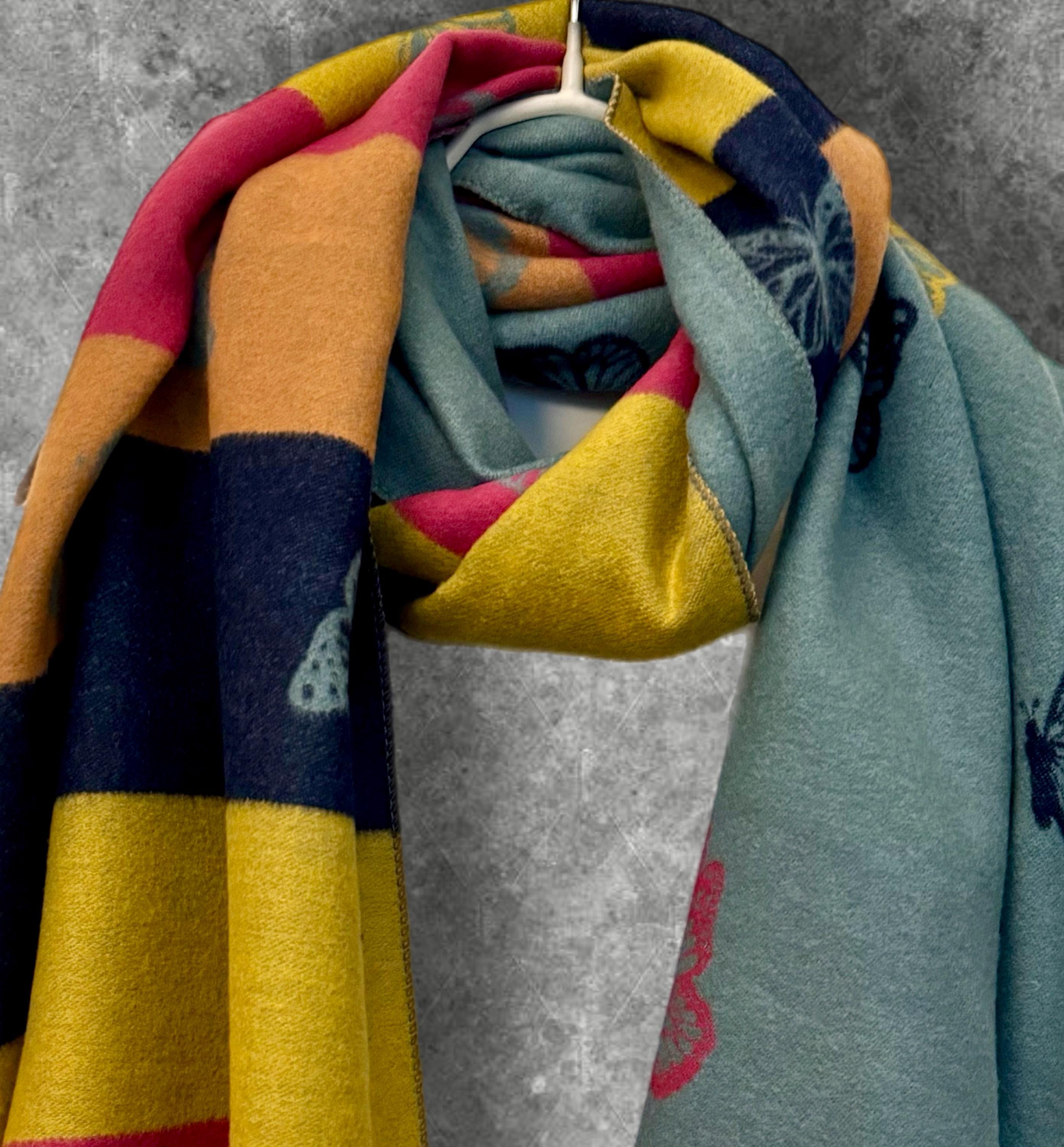 Reversible Cashmere Scarf with Bold Horizontal Stripes and Butterfly Design in Green and Yellow.