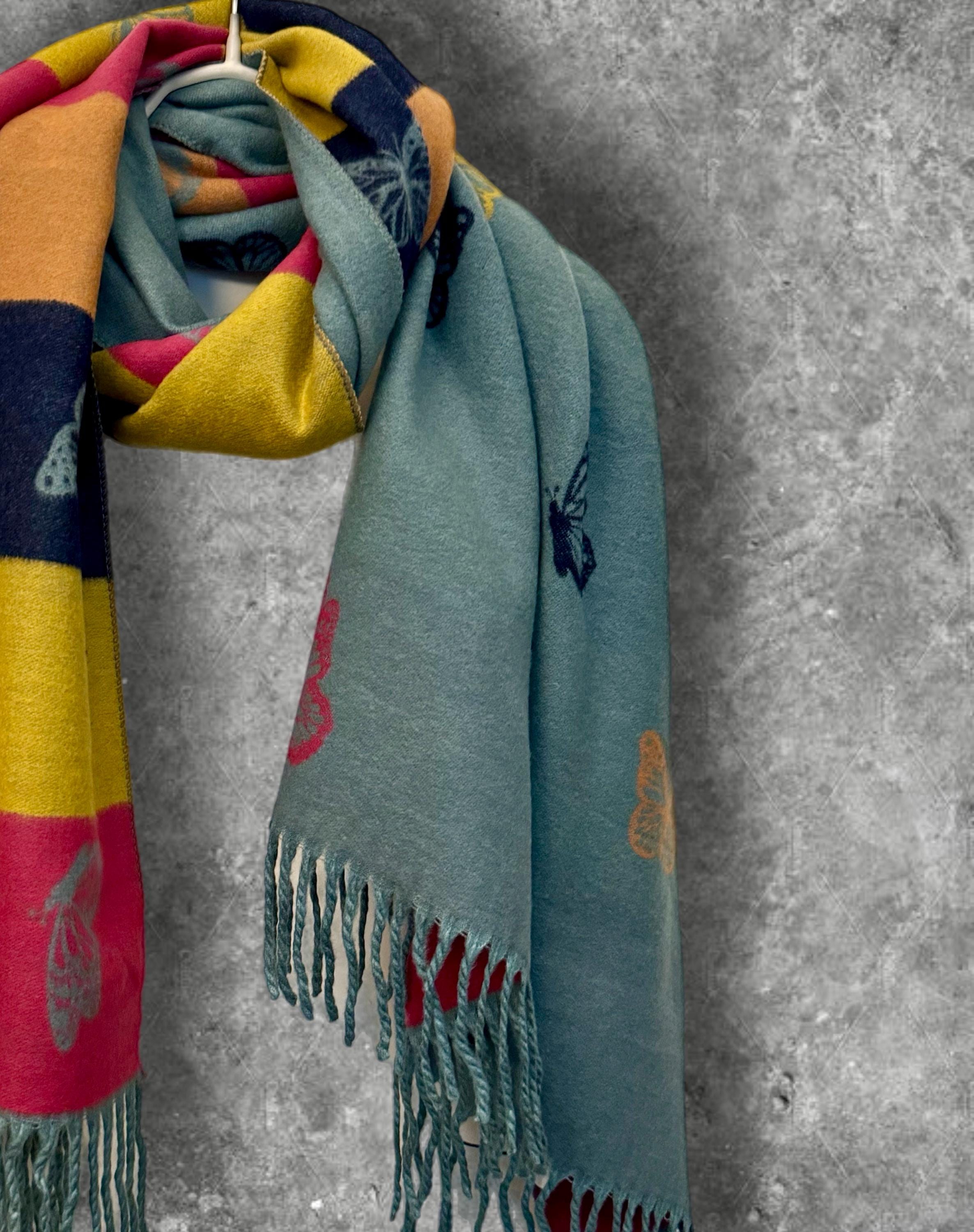 Reversible Cashmere Scarf with Bold Horizontal Stripes and Butterfly Design in Green and Yellow.