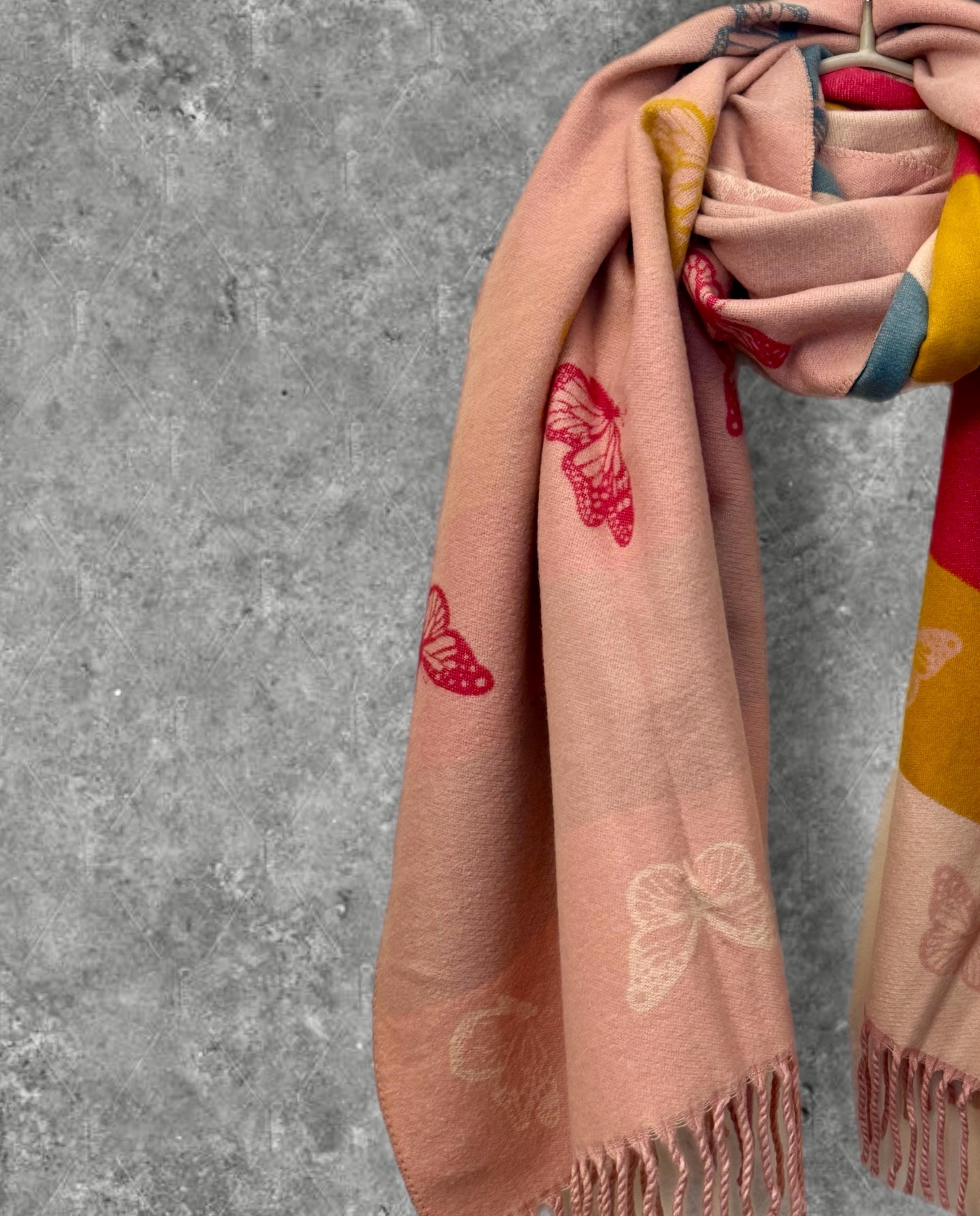 Reversible Cashmere Scarf with Bold Horizontal Stripes and Butterfly in Light Pink.