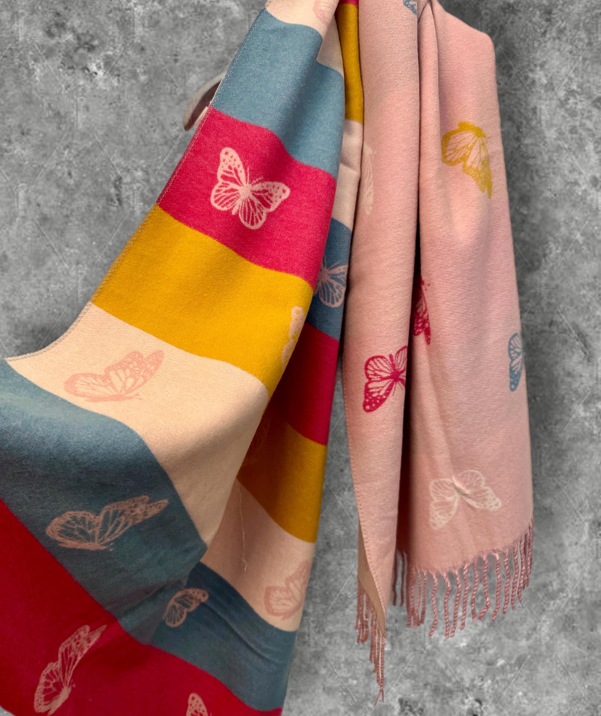 Reversible Cashmere Scarf with Bold Horizontal Stripes and Butterfly in Light Pink.