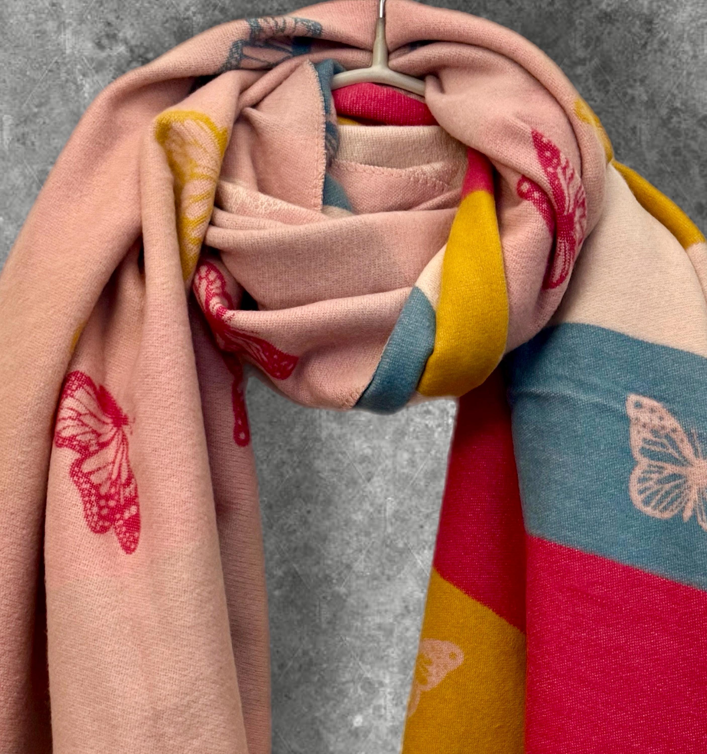 Reversible Cashmere Scarf with Bold Horizontal Stripes and Butterfly in Light Pink.