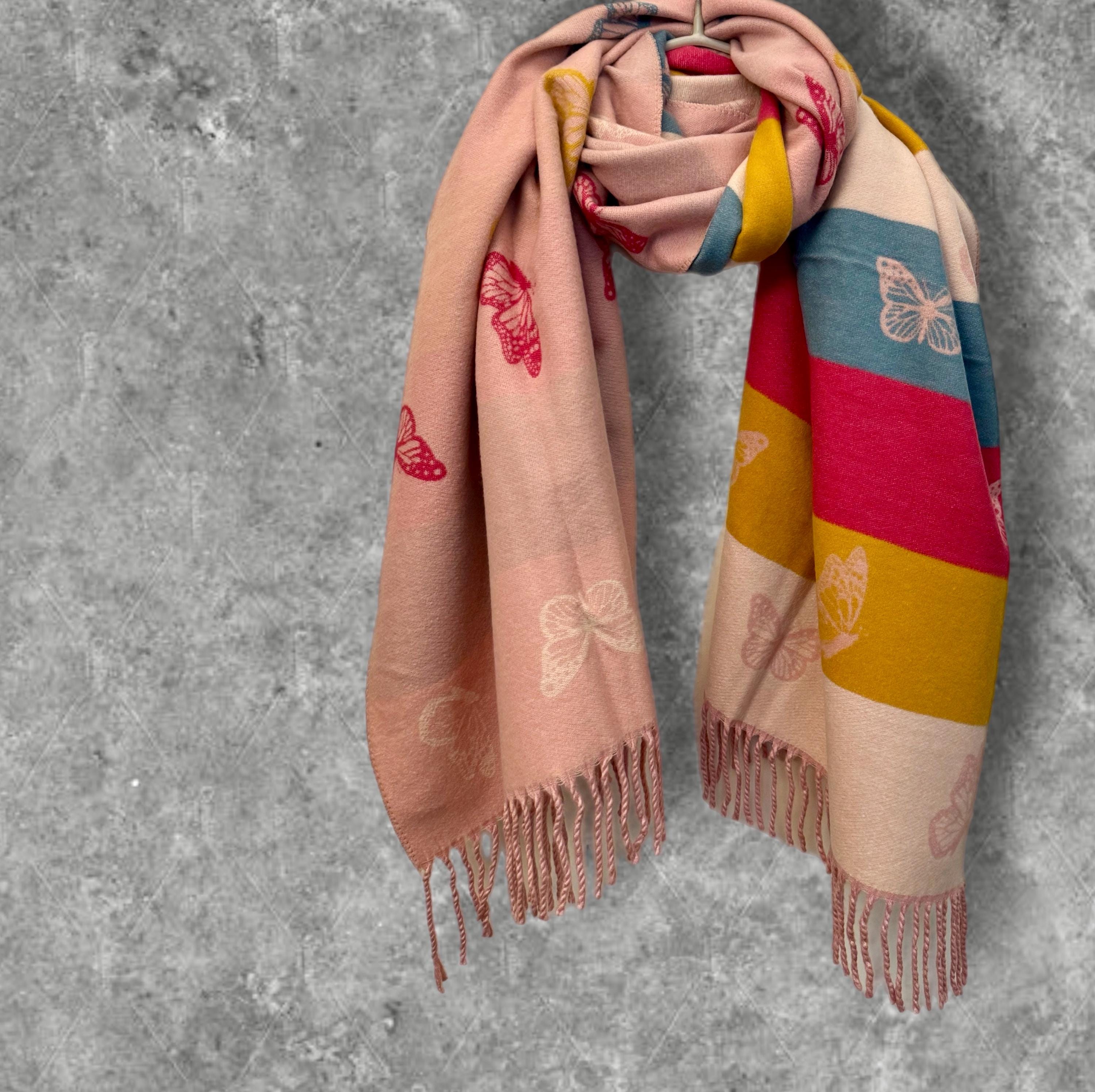 Reversible Cashmere Scarf with Bold Horizontal Stripes and Butterfly in Light Pink.