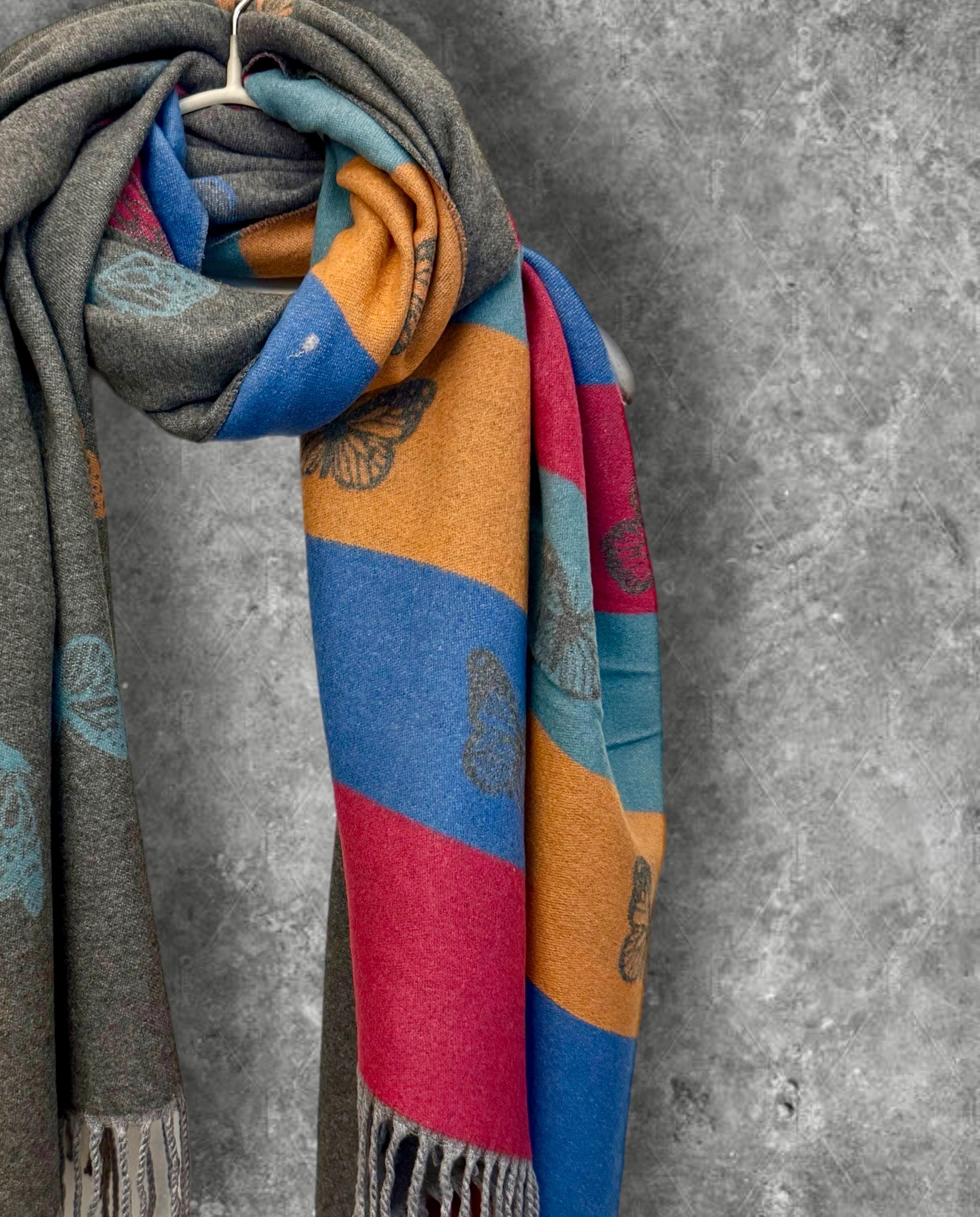 Reversible Grey Cashmere Scarf with Bold Stripes and Butterfly Design