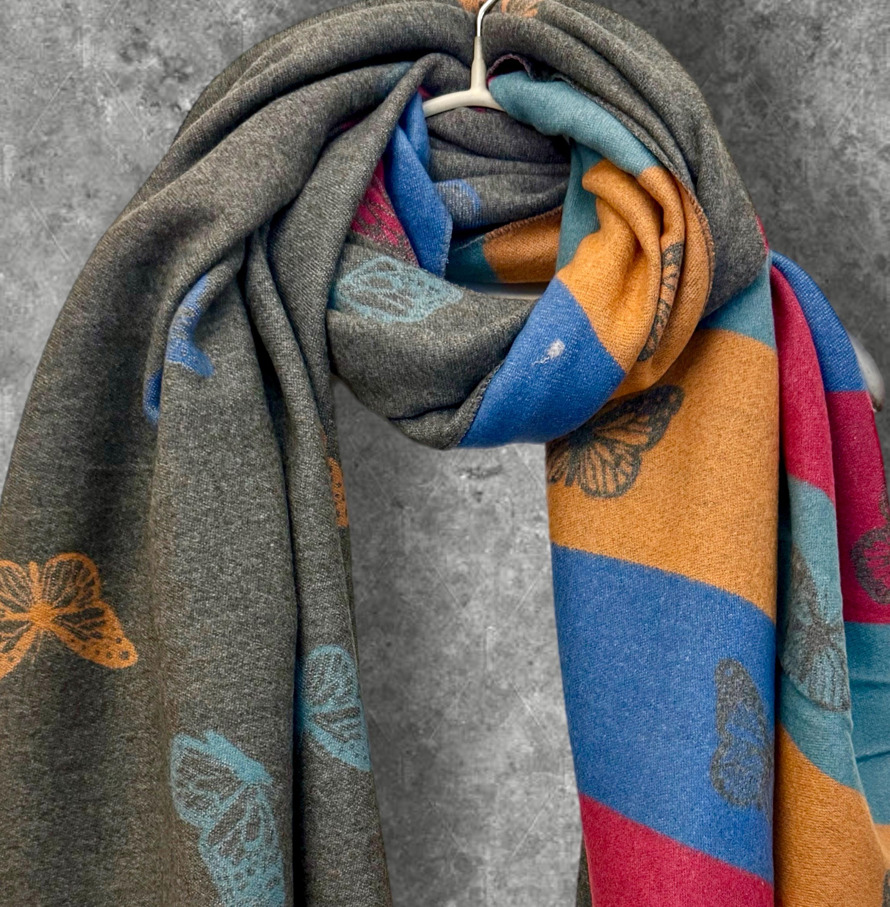 Reversible Grey Cashmere Scarf with Bold Stripes and Butterfly Design