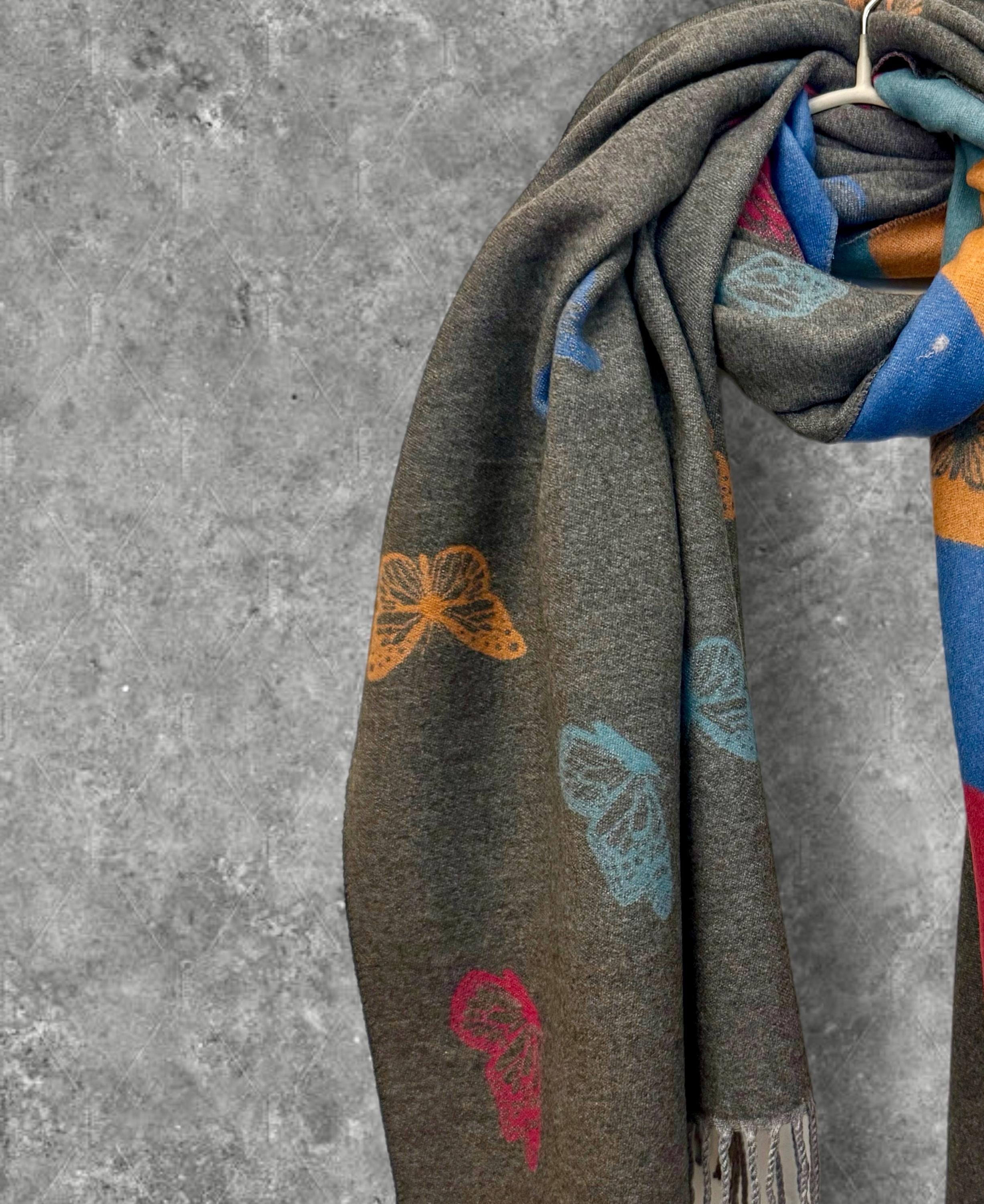 Reversible Grey Cashmere Scarf with Bold Stripes and Butterfly Design
