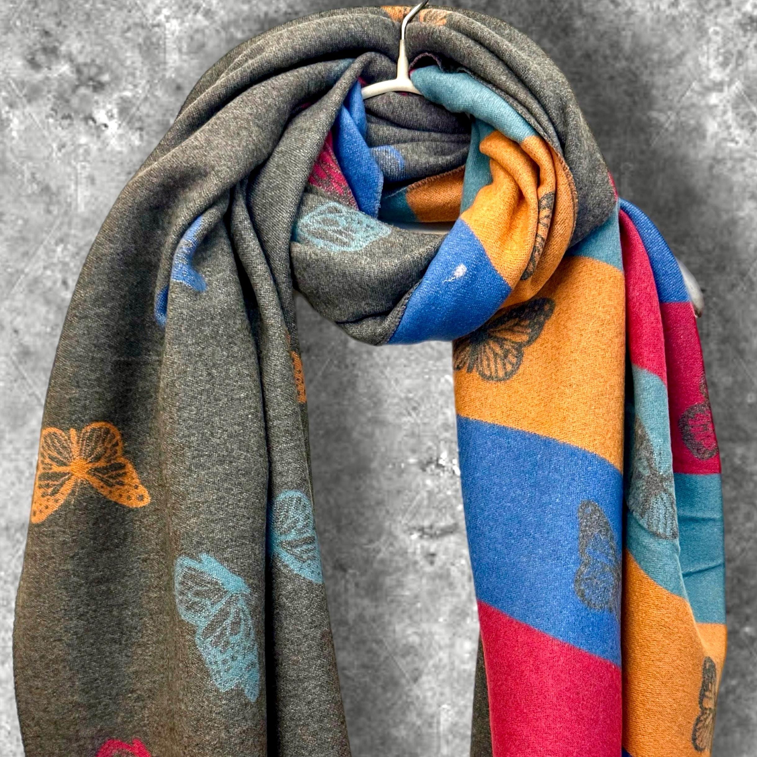 Reversible Grey Cashmere Scarf with Bold Stripes and Butterfly Design