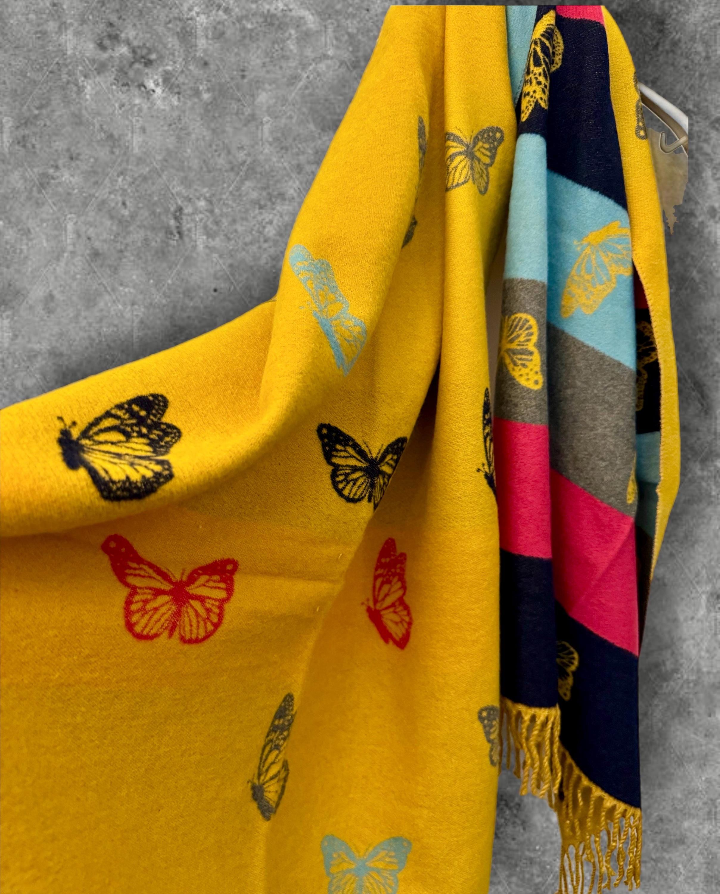 Reversible Cashmere Scarf with Horizontal Stripes and Butterfly Design in Mustard Yellow