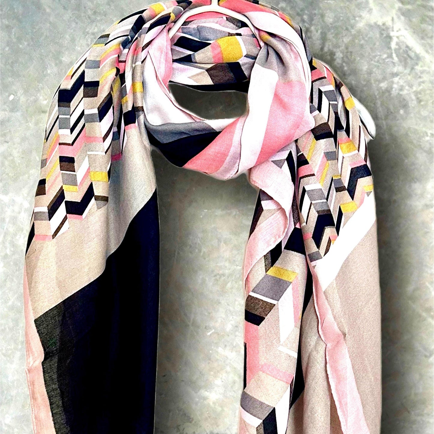Grey Retro Inspired Geometric with Pink Trim Scarf for Women,Versatile for All Seasons,Great Gifts for her,Girlfriend,Wife,Mom and Birthday