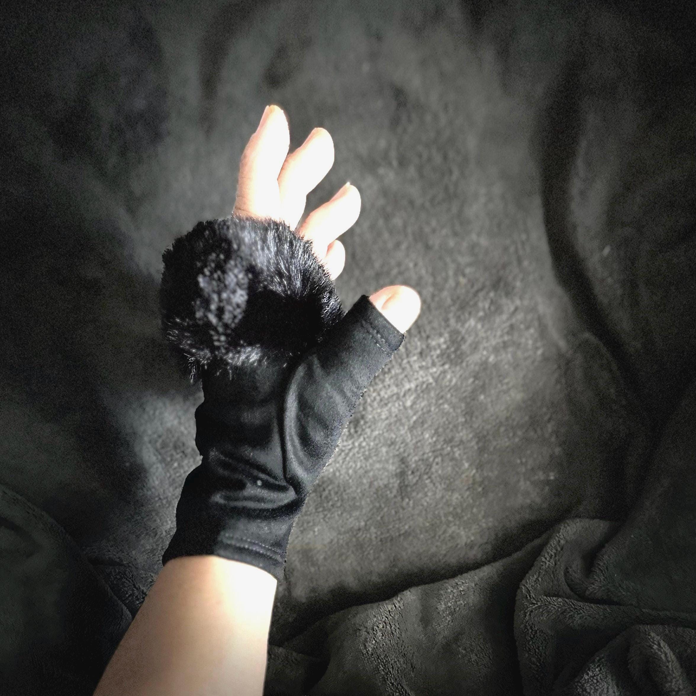 Black Faux Suede Fingerless Winter Gloves with Faux Fur details