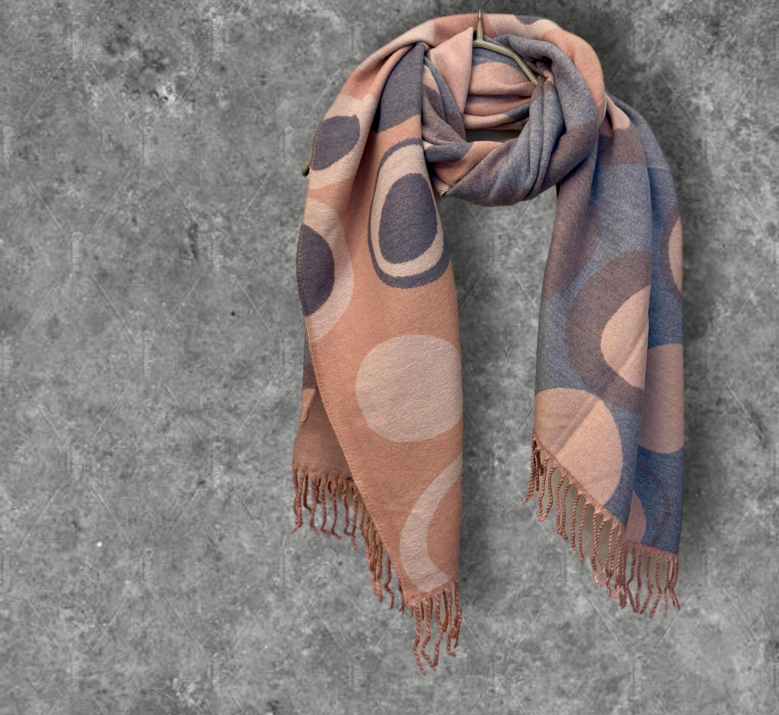 Reversible Pink and Grey Cashmere Scarf with Circle Pattern