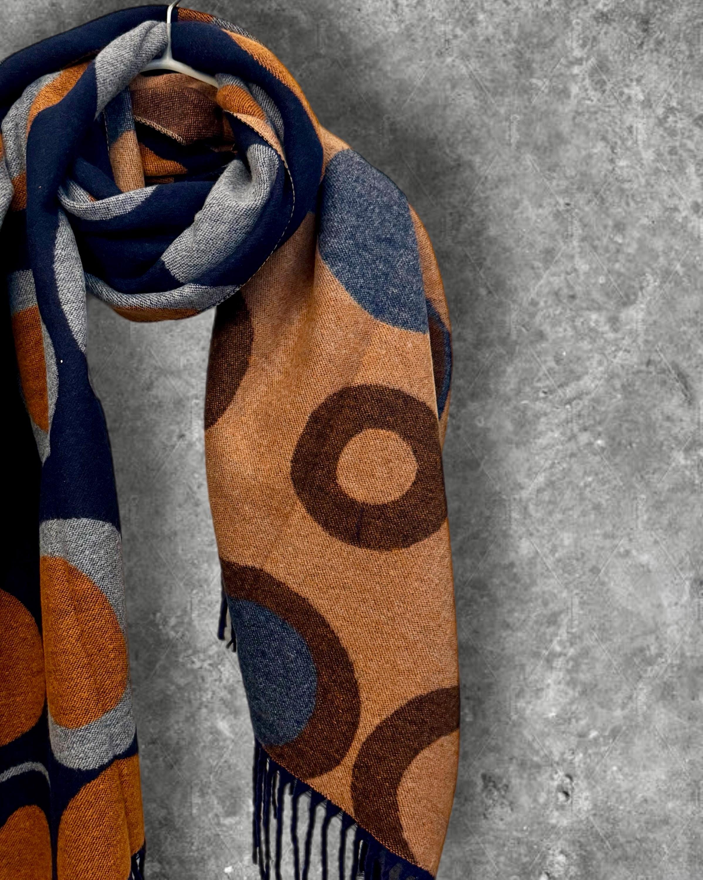 Elegant Blue and Brown Cashmere Blend Scarf with Circles