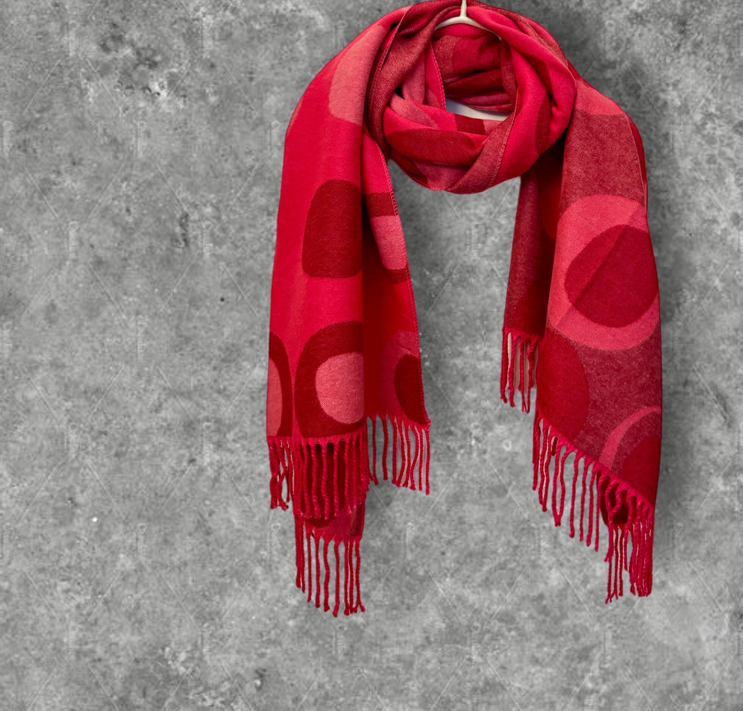 Reversible Red and Pink Cashmere Blend Scarf with Circle Print