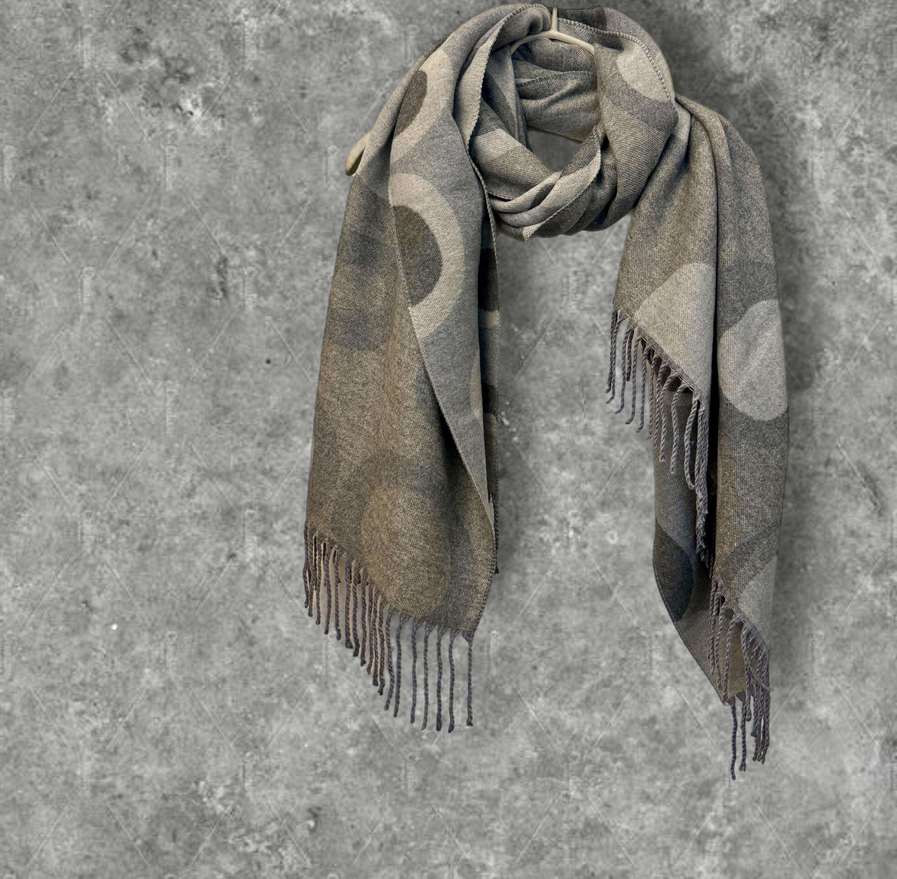 Reversible Cashmere Blend Scarf in Two-Tone Grey with Circle Pattern