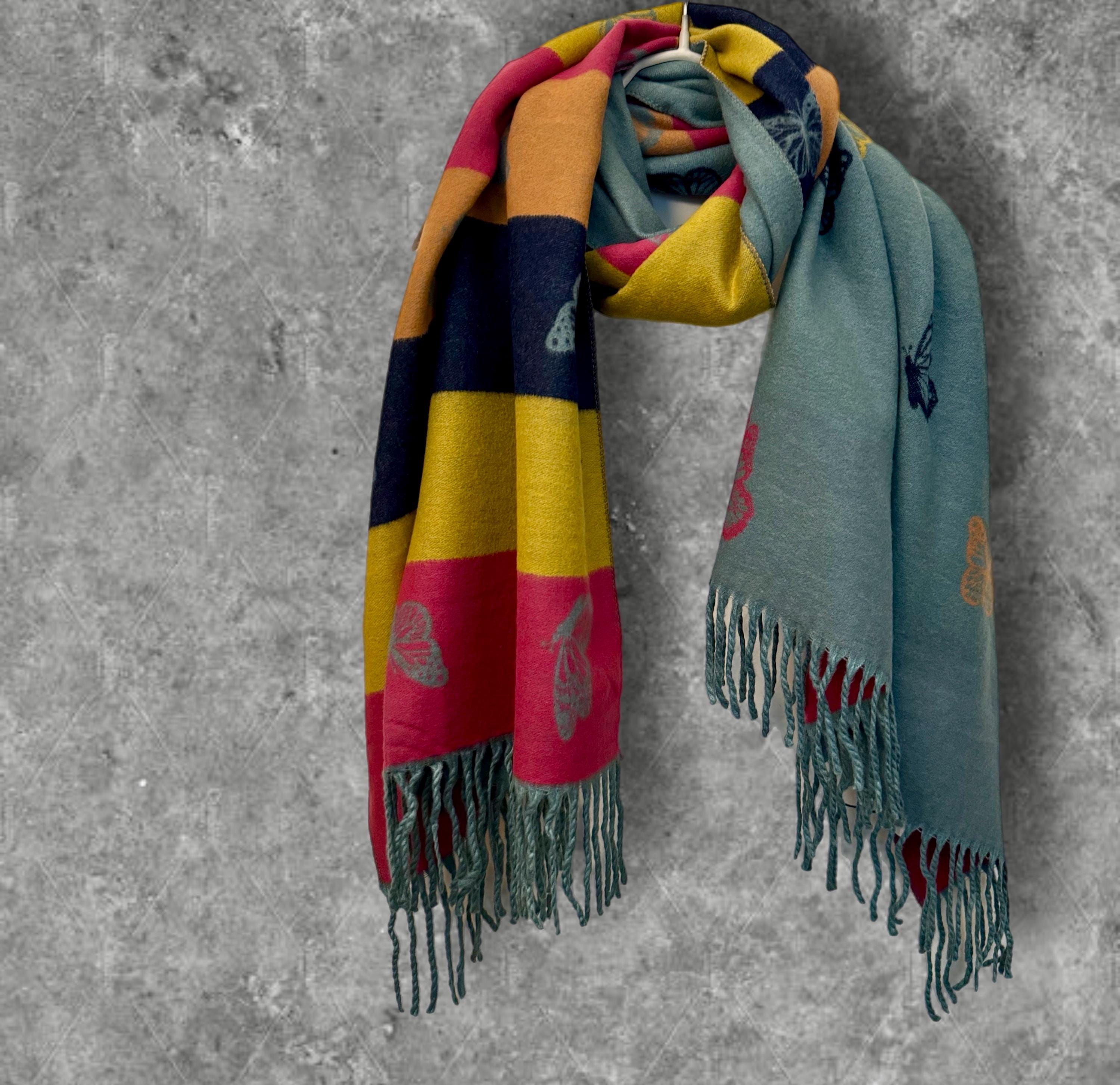 Reversible Cashmere Scarf with Bold Horizontal Stripes and Butterfly Design in Green and Yellow.