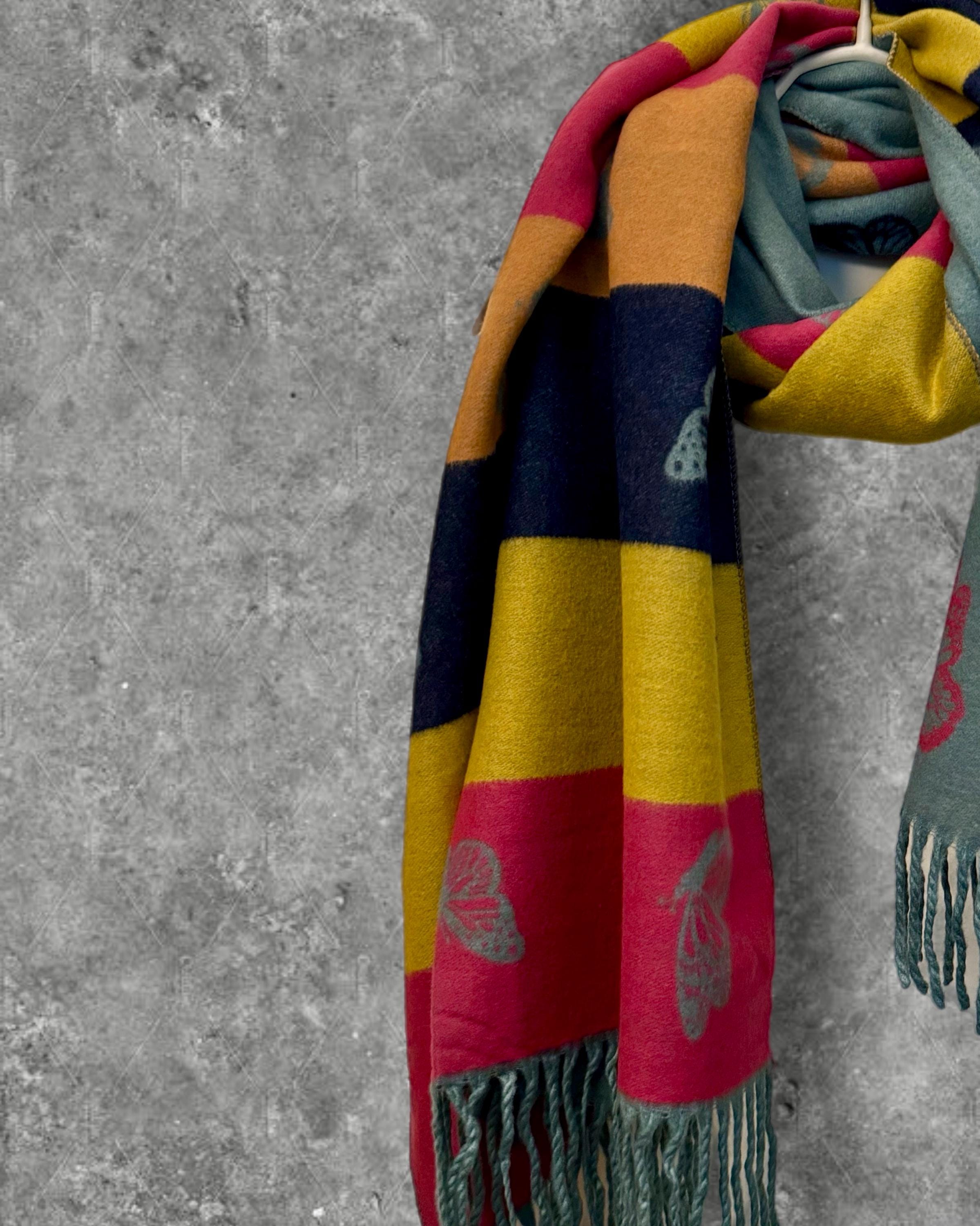 Reversible Cashmere Scarf with Bold Horizontal Stripes and Butterfly Design in Green and Yellow.