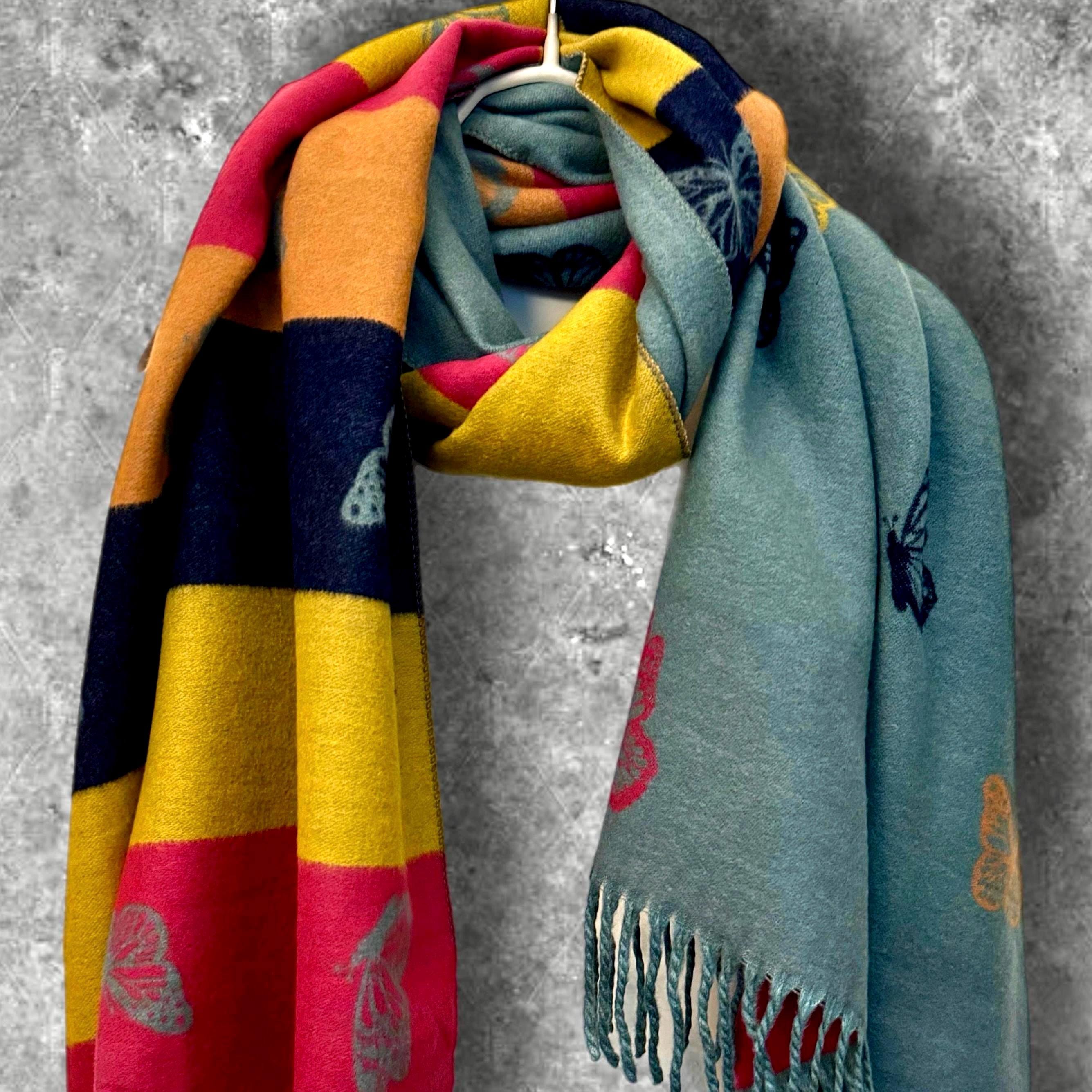 Reversible Cashmere Scarf with Bold Horizontal Stripes and Butterfly Design in Green and Yellow.