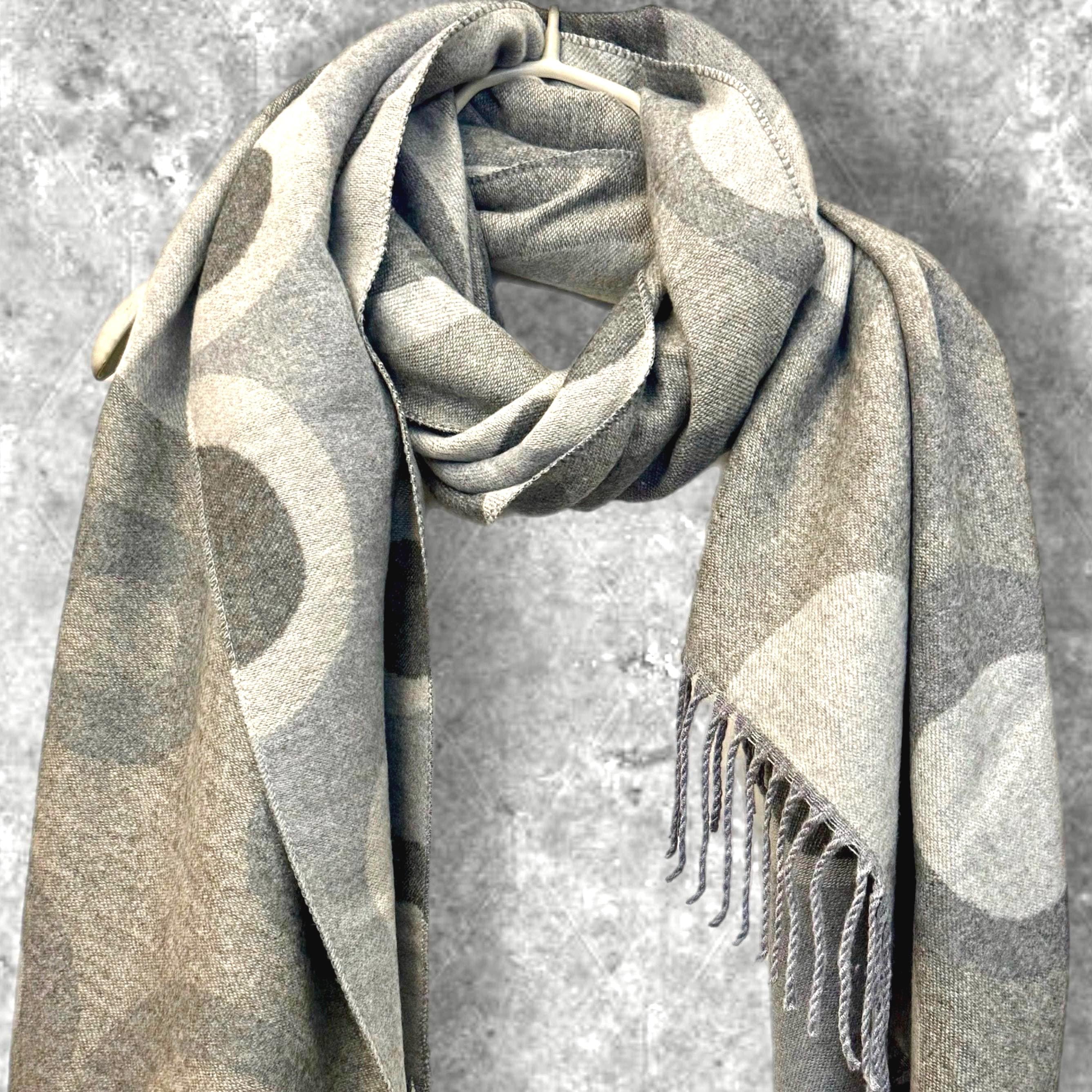 Reversible Cashmere Blend Scarf in Two-Tone Grey with Circle Pattern