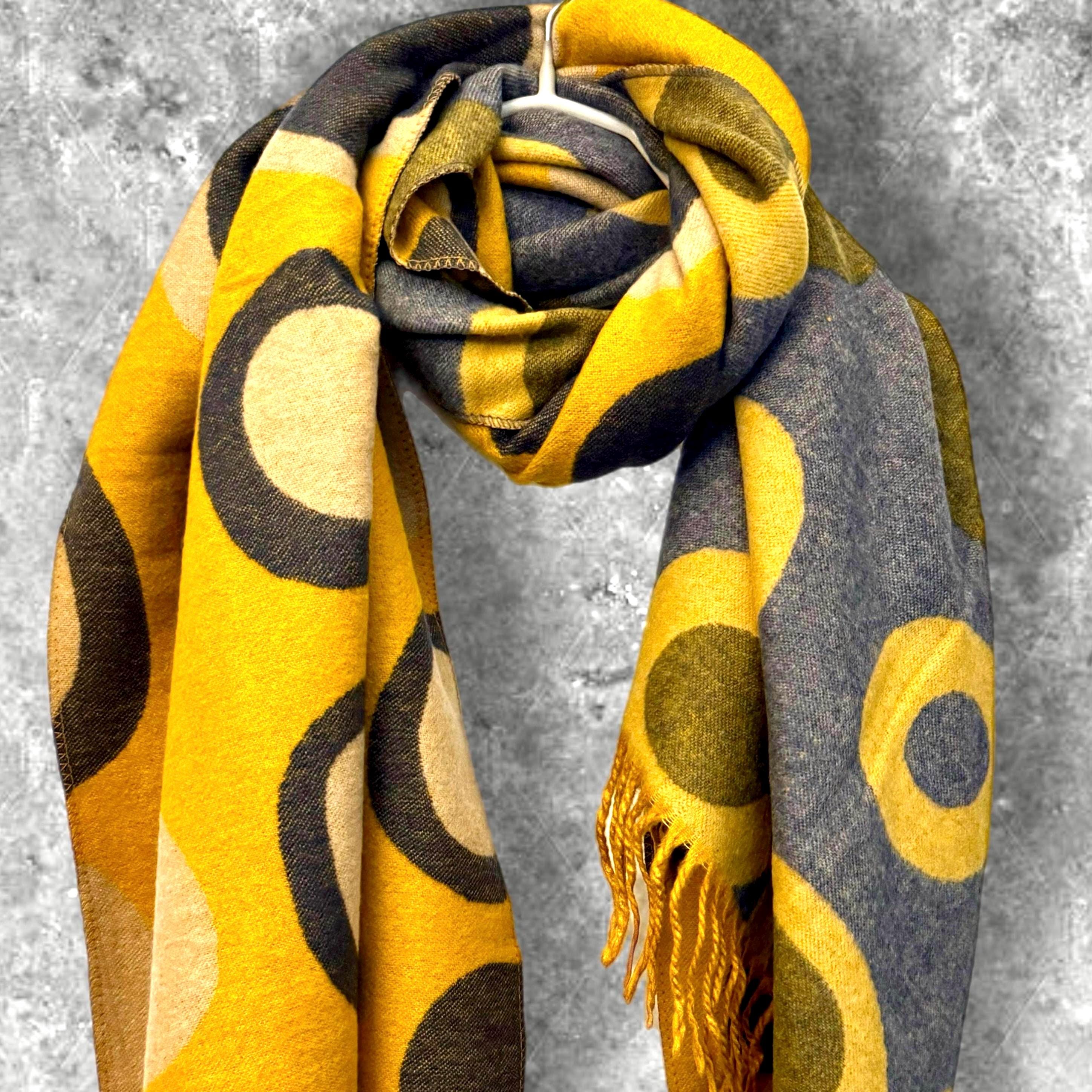 Luxurious Mustard Yellow/Grey Cashmere Blend Scarf with Circle Design